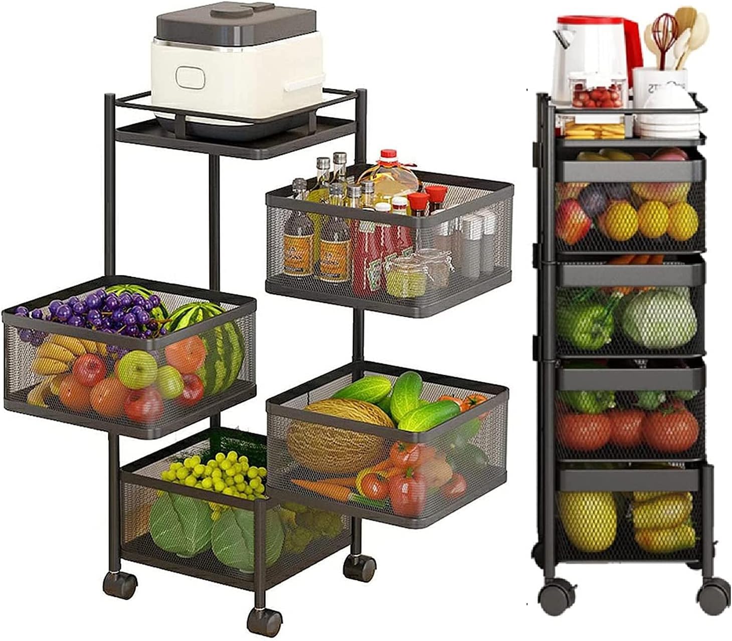 CARLA HOME Metal 5-Tier Rolling Vegetable and Fruit Basket Cart Stand for Kitchen & Storage