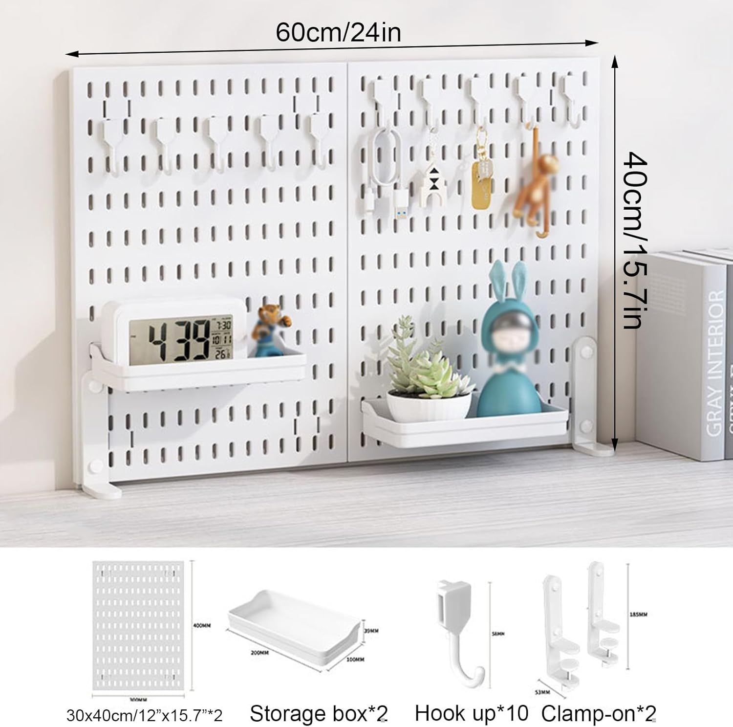 CARLA HOME 2 Pack Desk Pegboard Organizer Kit with Hooks, Tray & Mount Ideal for Office, Gaming Setup & Home Workspace Organization (White)