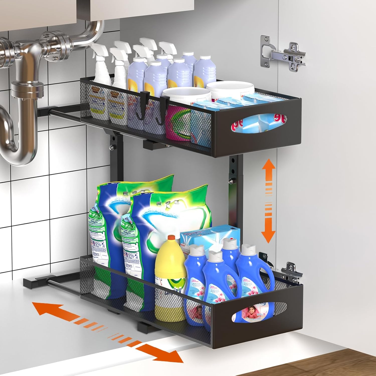CARLA HOME 2 Tier Under Sink Organizer Pull Out Sliding Cabinet Storage Shelf with Height Adjustable for Kitchen, Bathroom or Laundry Room (Black)
