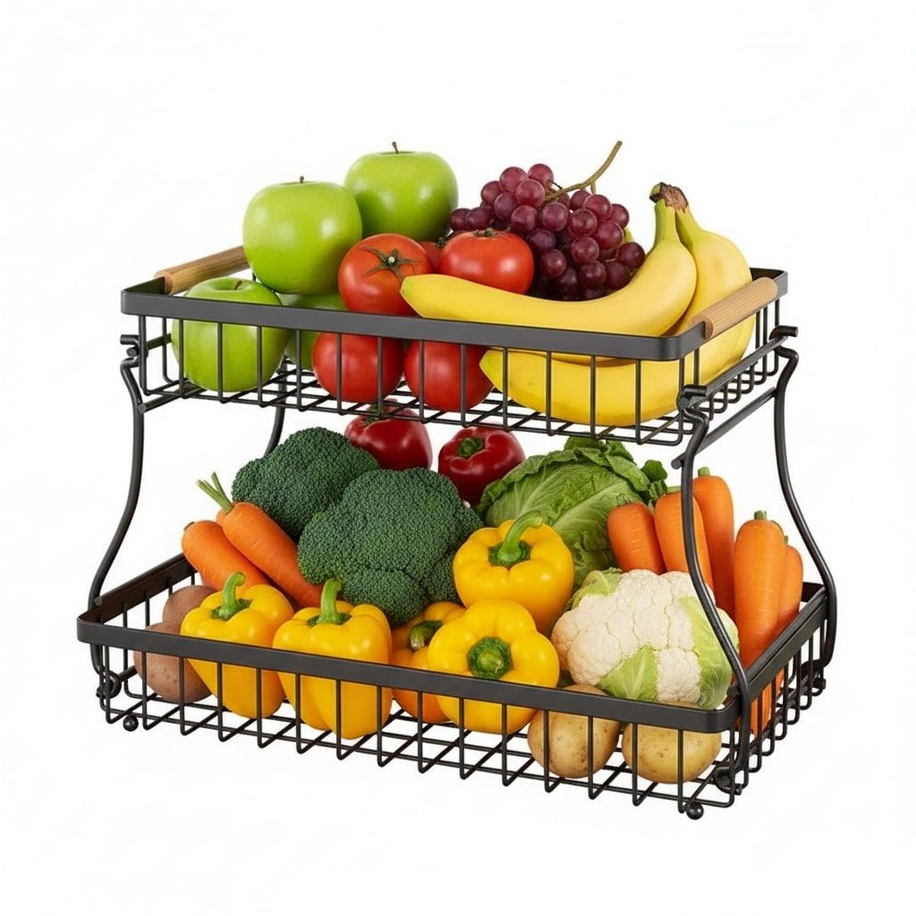 CARLA HOME 2-Tier Fruit Basket Metal Storage Bowl Kitchen Counter Organizer with Handles for Fruits, Vegetables, Snacks & Bread