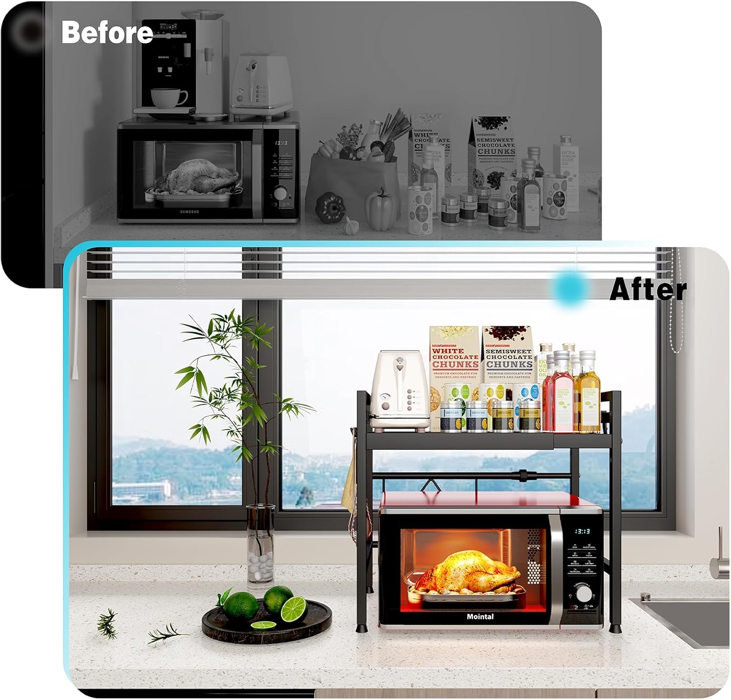CARLA HOME 2-Tier Microwave Oven Rack with Adjustable Metal Kitchen Shelf Stand for Countertop Storage and 6 Hooks for Utensils (Black)