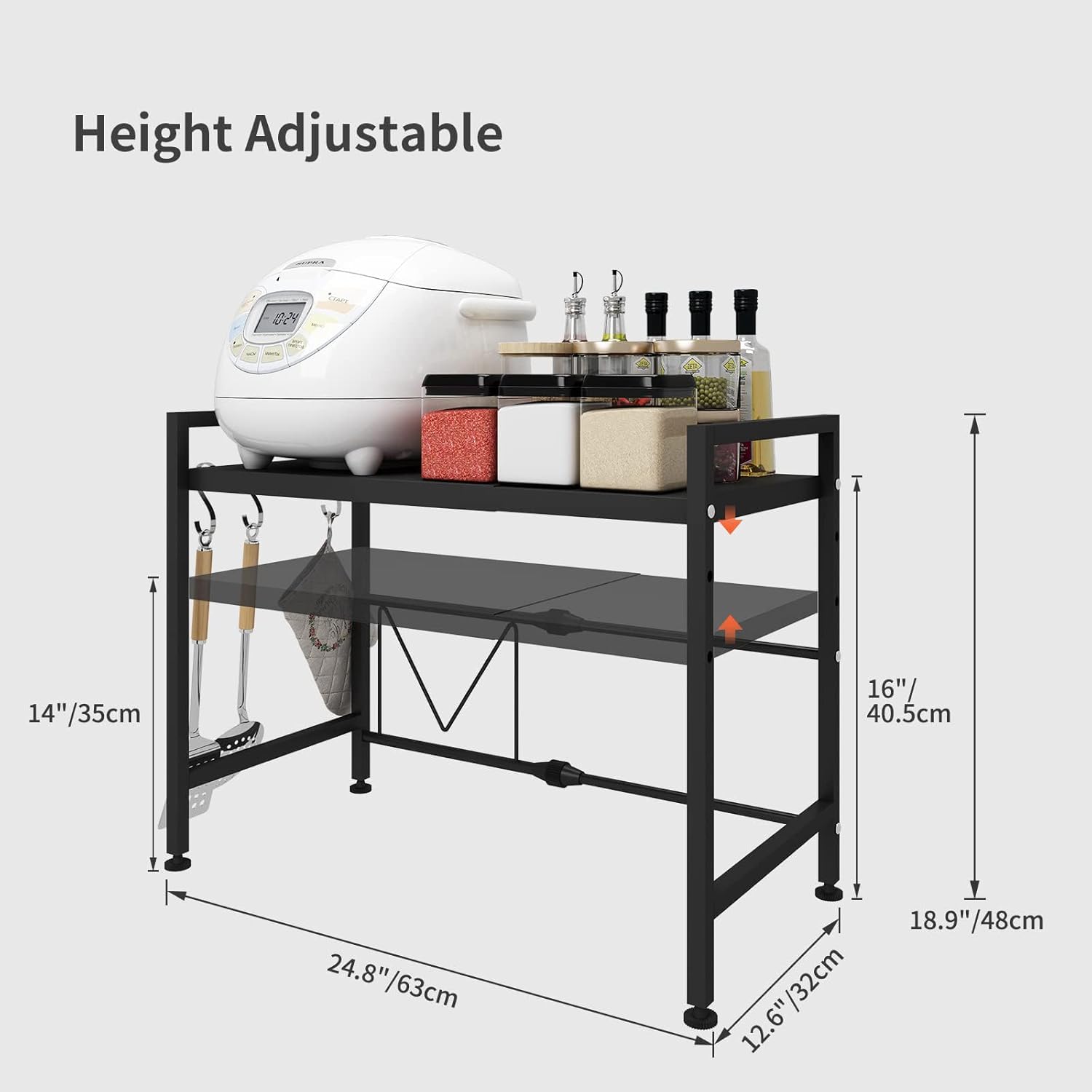 CARLA HOME 2-Tier Microwave Oven Rack with Adjustable Metal Kitchen Shelf Stand for Countertop Storage and 6 Hooks for Utensils (White)