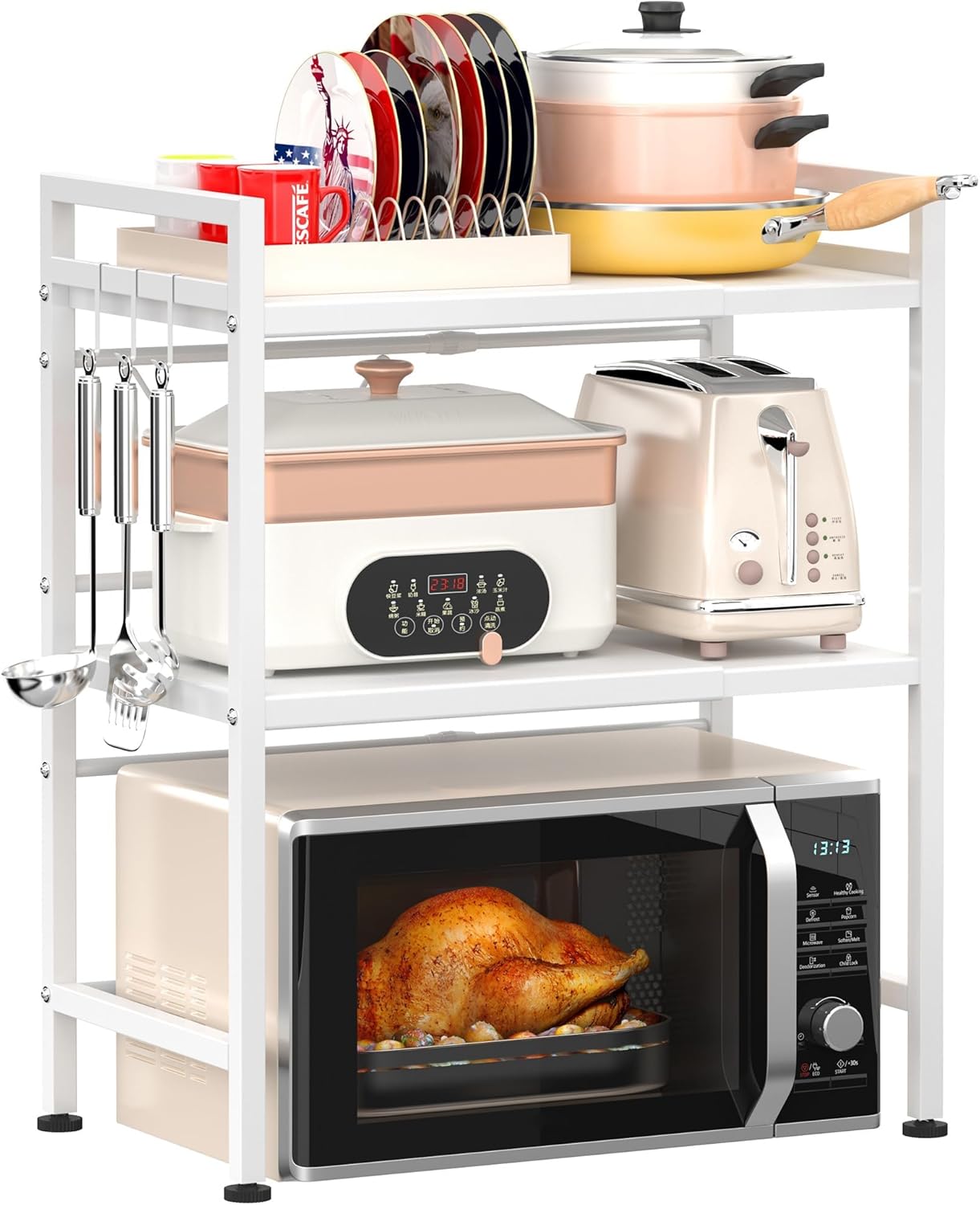 CARLA HOME 3-Tier Microwave Oven Rack with Adjustable Metal Kitchen Shelf Stand for Countertop Storage and 6 Hooks for Utensils
