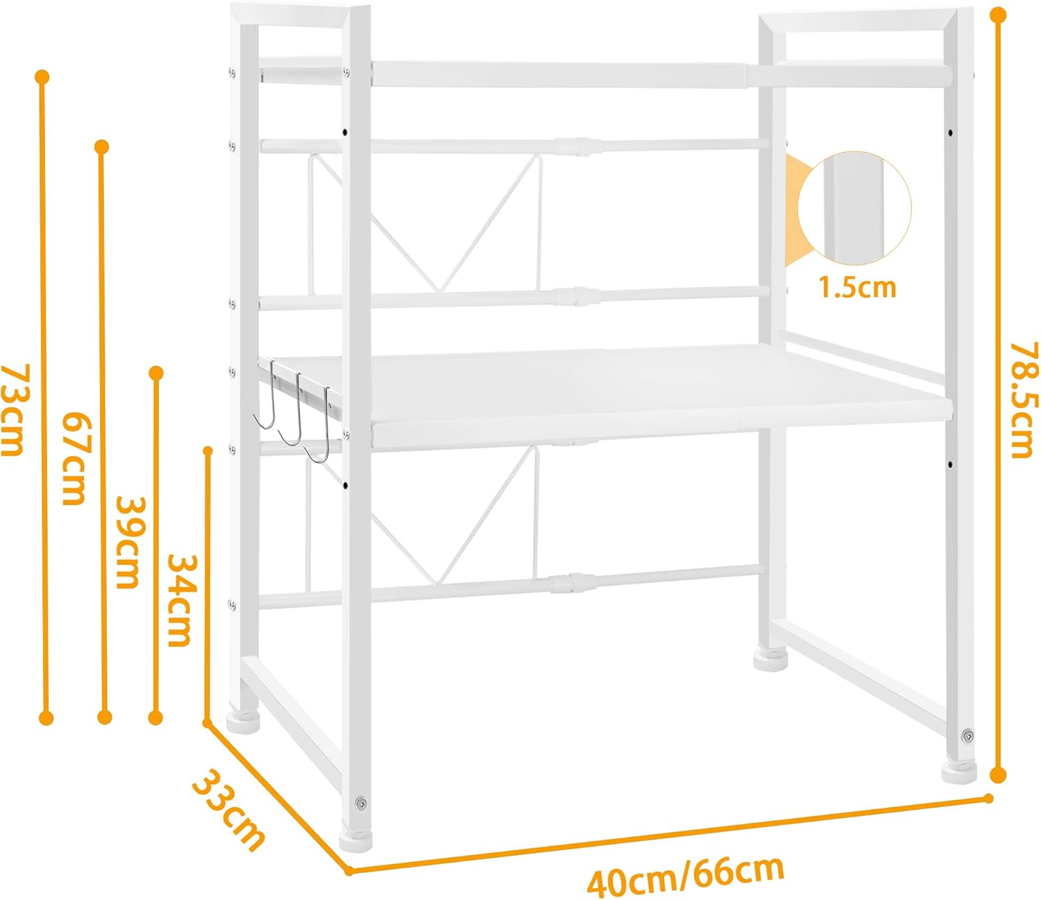 CARLA HOME 3-Tier Microwave Oven Rack with Adjustable Metal Kitchen Shelf Stand for Countertop Storage and 6 Hooks for Utensils
