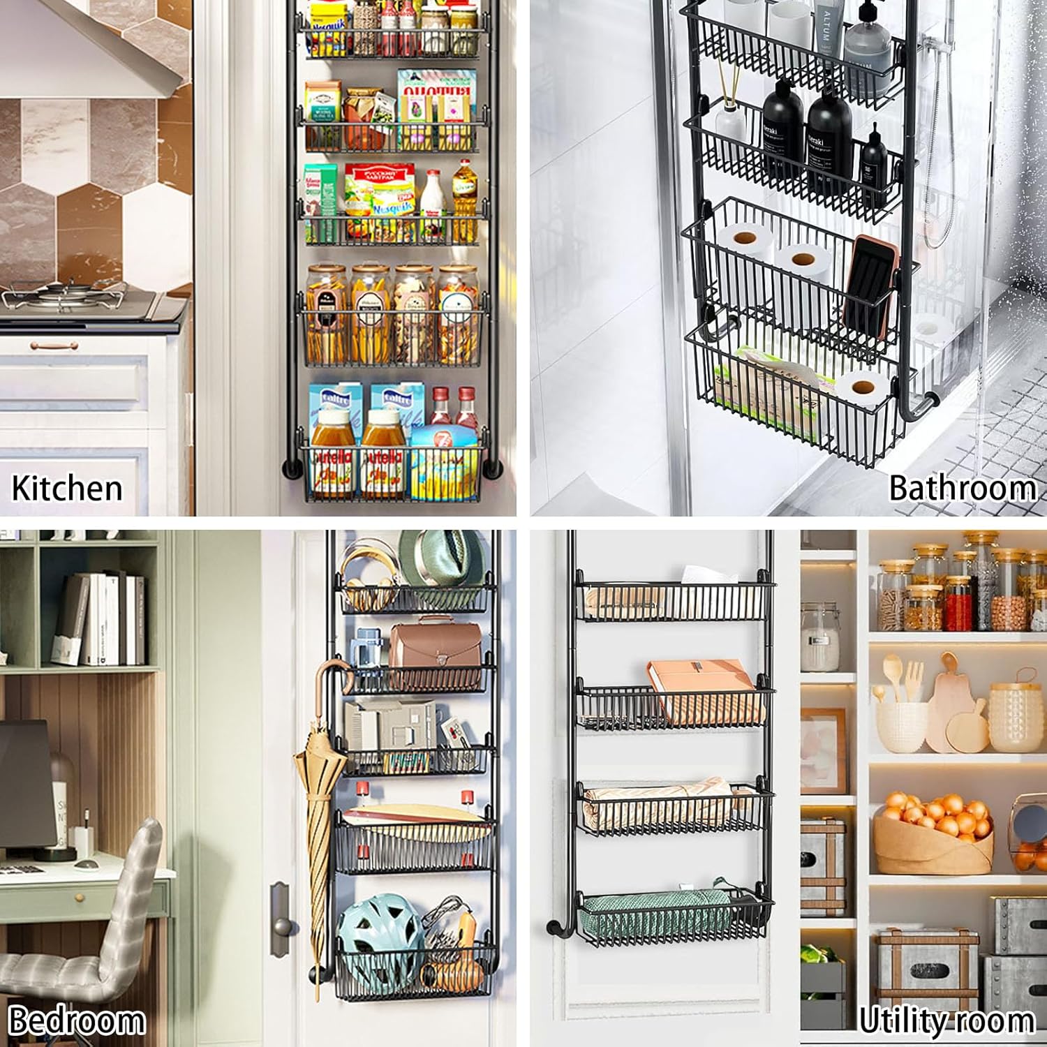 CARLA HOME 4-Tier Over the Door Organizer Heavy-Duty Metal Pantry Rack with Hanging Baskets for Home Kitchen Storage & Bathroom Door Organization