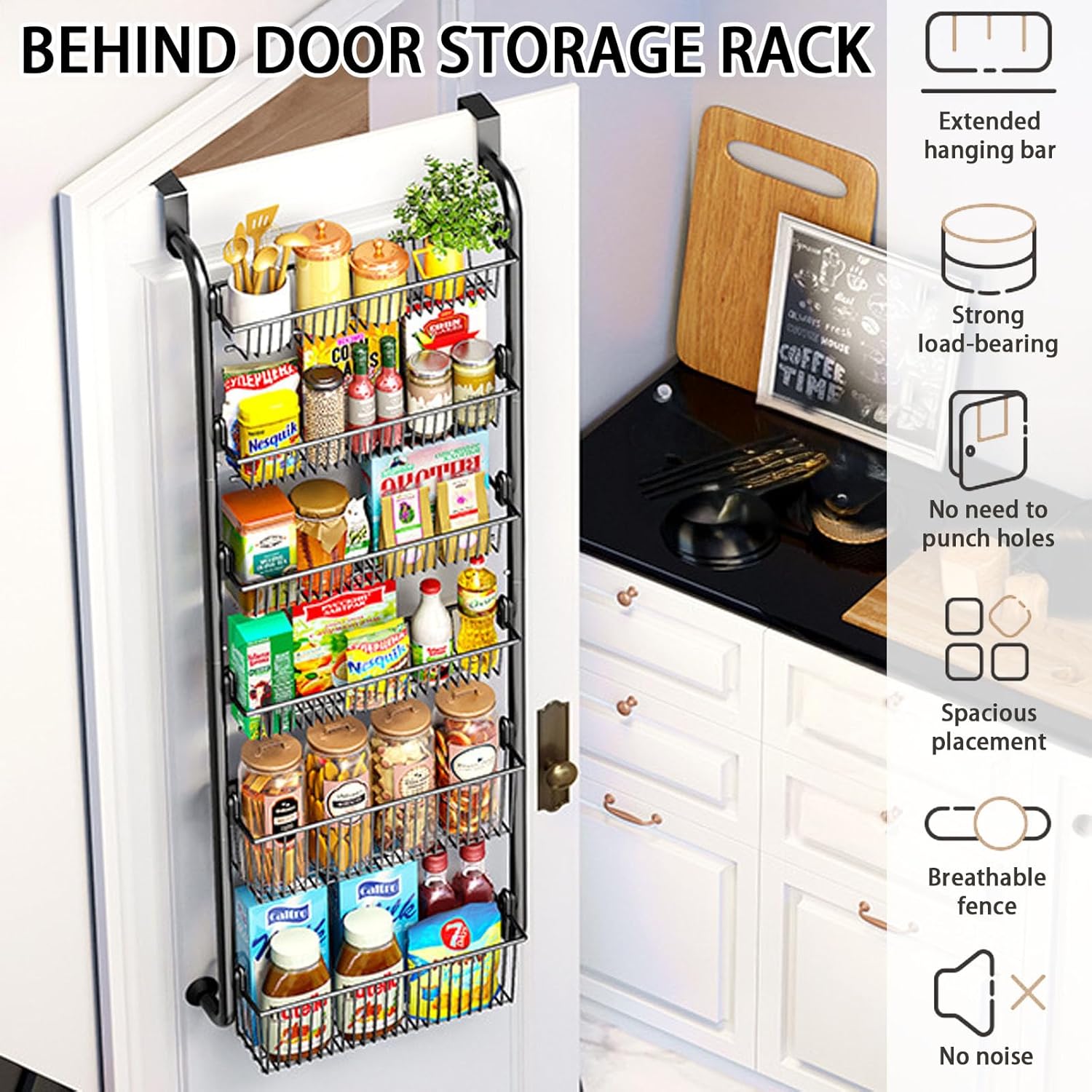 CARLA HOME 6-Tier Over the Door Organizer Heavy-Duty Metal Pantry Rack with Hanging Baskets for Home Kitchen Storage & Bathroom Door Organization (Black)