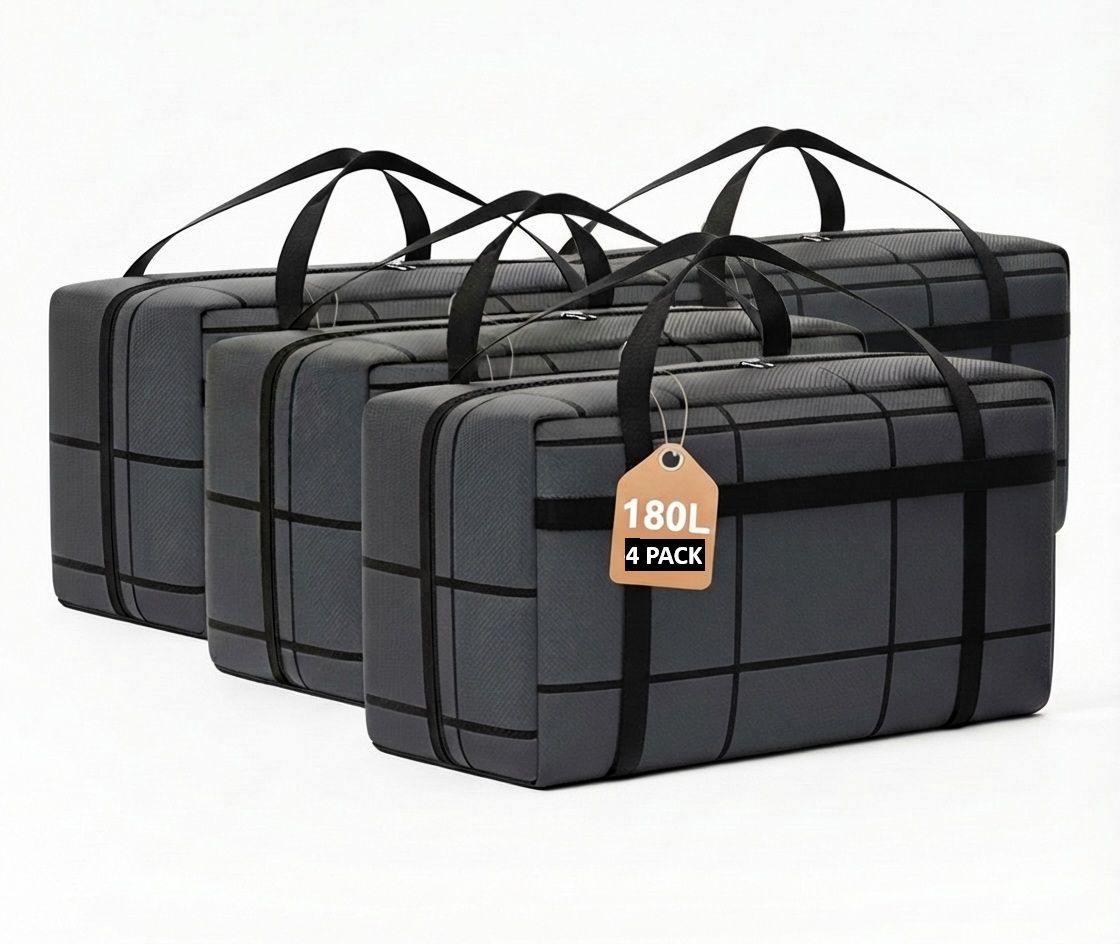 CARLA HOME 4-Pack 180L Extra Large Moving Storage Bags with Handles & Duty Zippered for Clothes, Travel, Space Saving & Camping