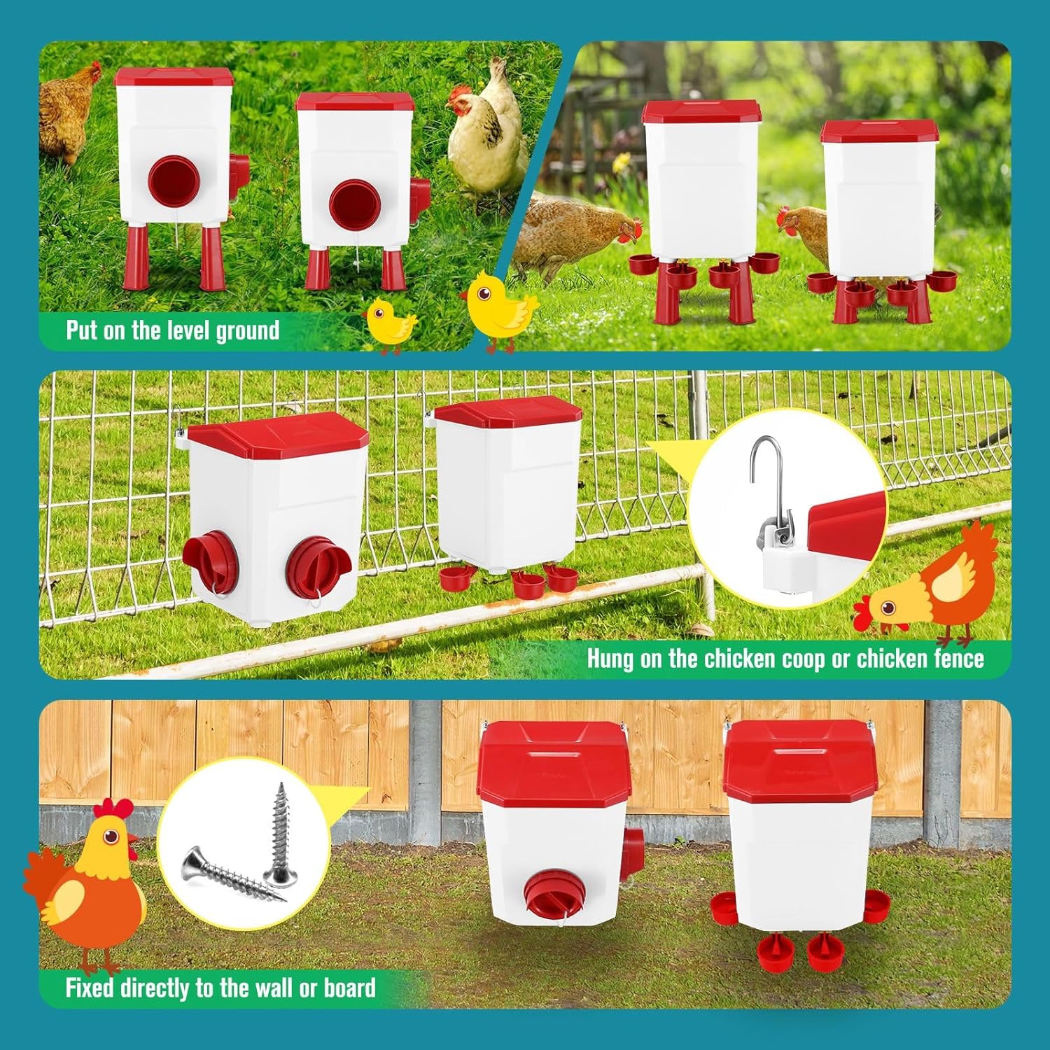 CARLA HOME Automatic Chicken Feeder Waterer Set with 8KG Food 7L Water Capacity for Coop, Chickens, Ducks, Quails (Red)
