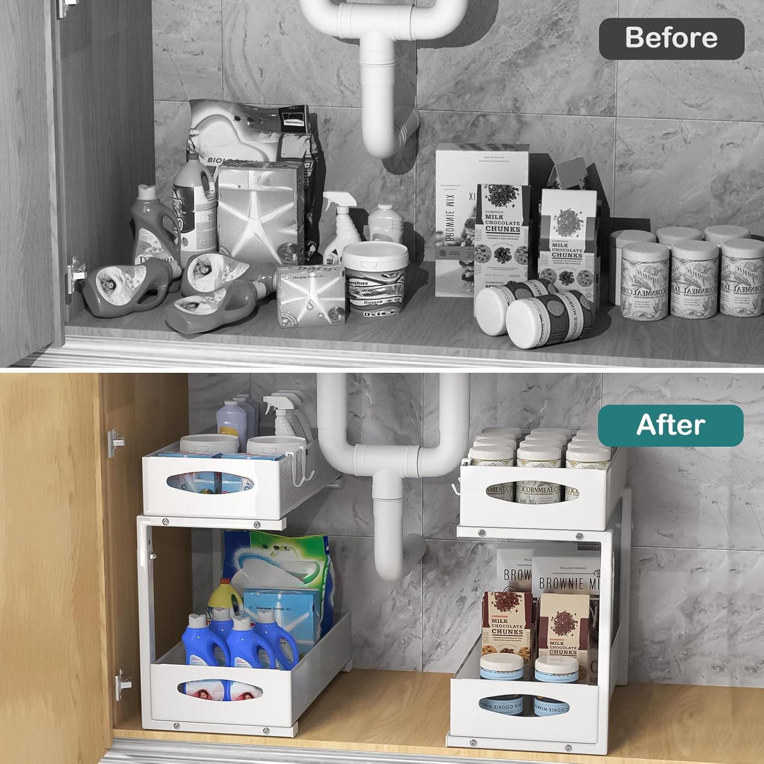 CARLA HOME 2 Pack Under Sink Organizer Pull Out Sliding Cabinet Storage Shelf with Height Adjustable for Kitchen, Bathroom or Laundry Room (White)