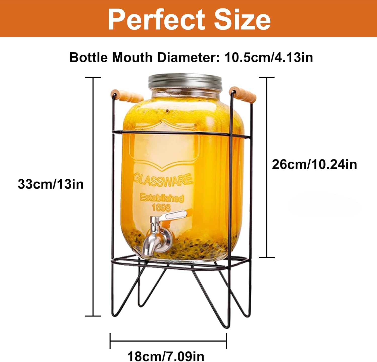CARLA HOME 5L Glass Drink Dispenser with Metal Stand, Wide Mouth Beverage Jar & Stainless Steel Tap for Lemonade, Iced Tea, Water & Fruit-Infused Drinks