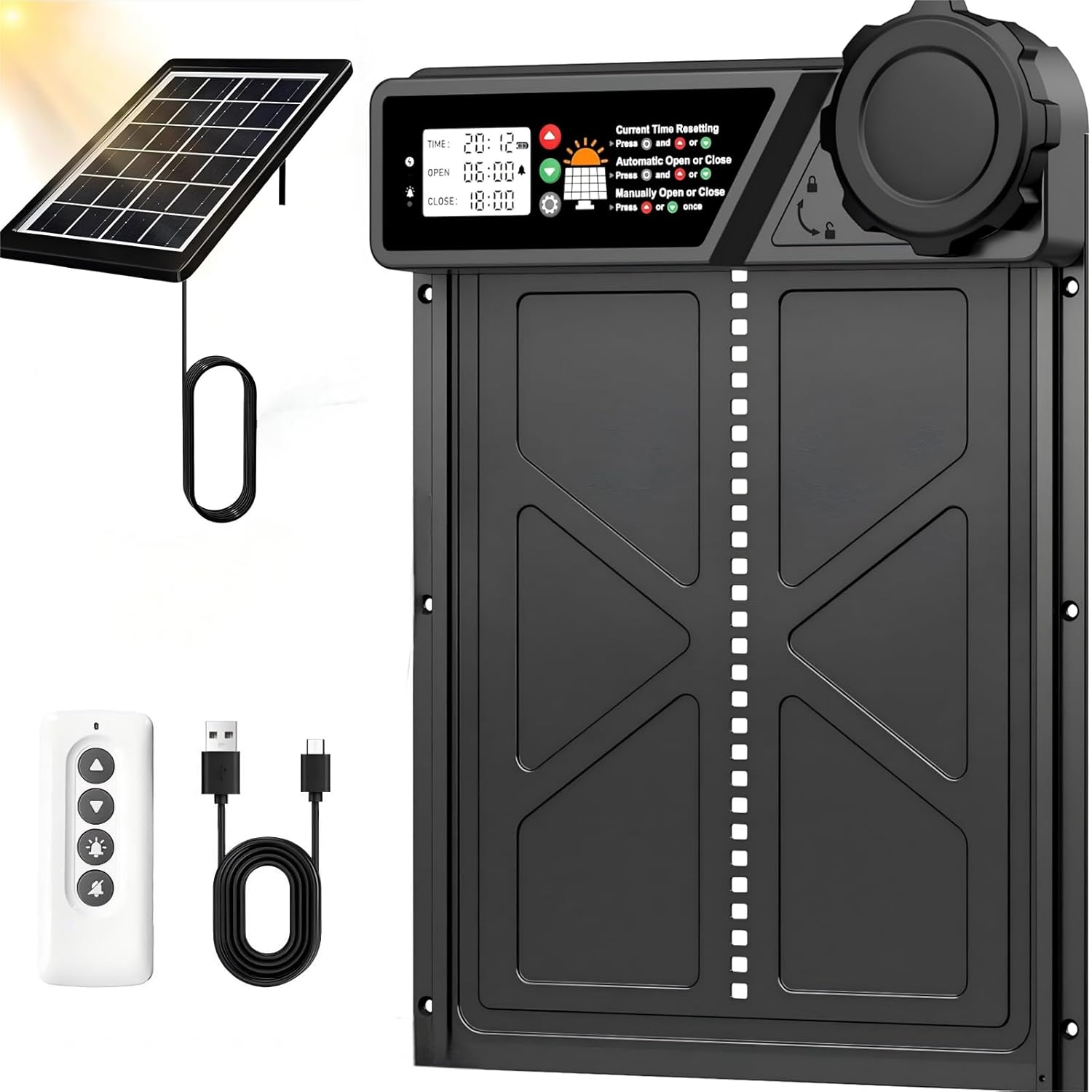 CARLA HOME Solar Automatic Chicken Coop Door with Timer, Light Sensor, Remote Control, Anti-Pinch, LED Screen & USB Charging