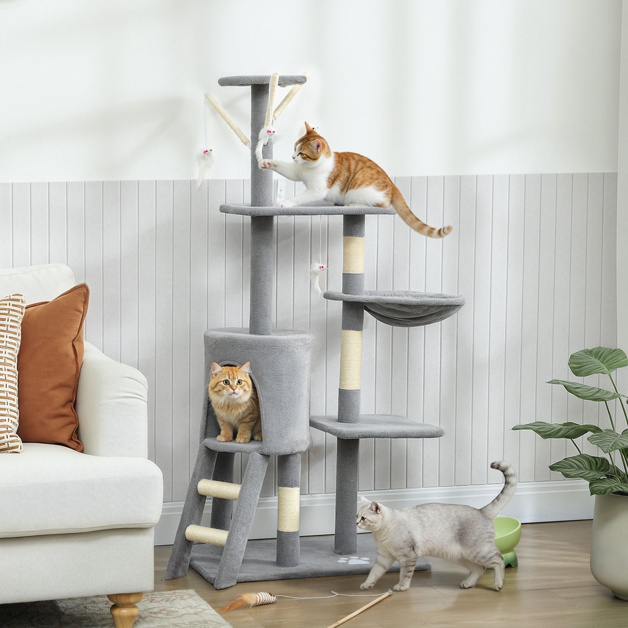 CARLA HOME 134cm Cat Tree for Indoor Cats with Hammock, Plush Perch & Sisal Scratching Posts for Kittens & Adult Cats (Light Grey)