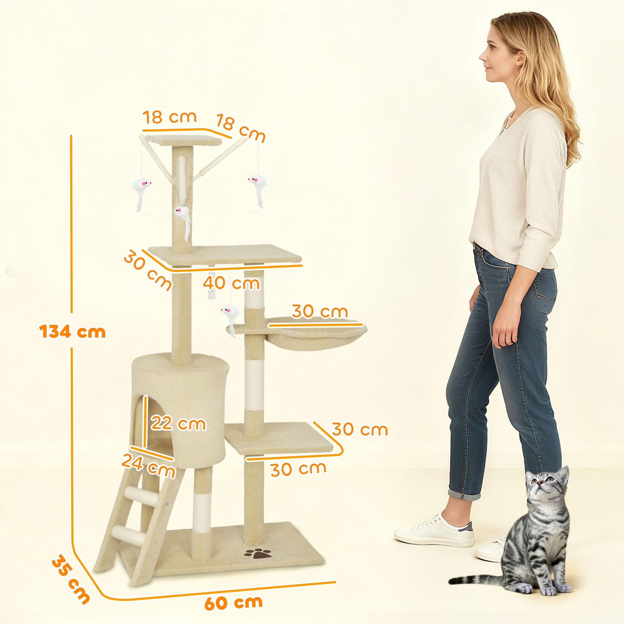 CARLA HOME 134cm Cat Tree for Indoor Cats with Hammock, Plush Perch & Sisal Scratching Posts for Kittens & Adult Cats (Beige)