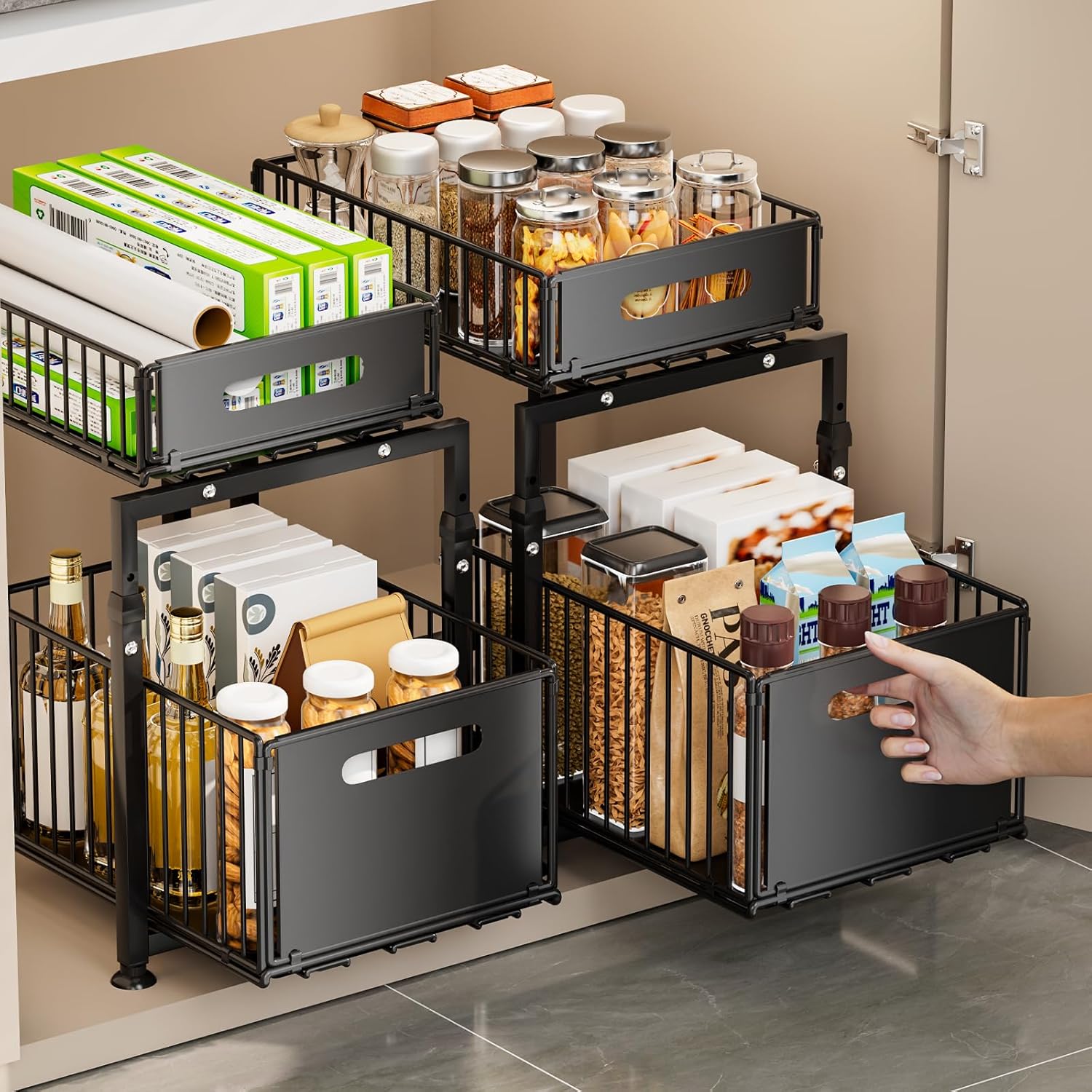 CARLA HOME 2- Pack Under Sink Organizer with Sliding Drawers & Height Adjustable for Kitchen Bathroom Cabinet Organization