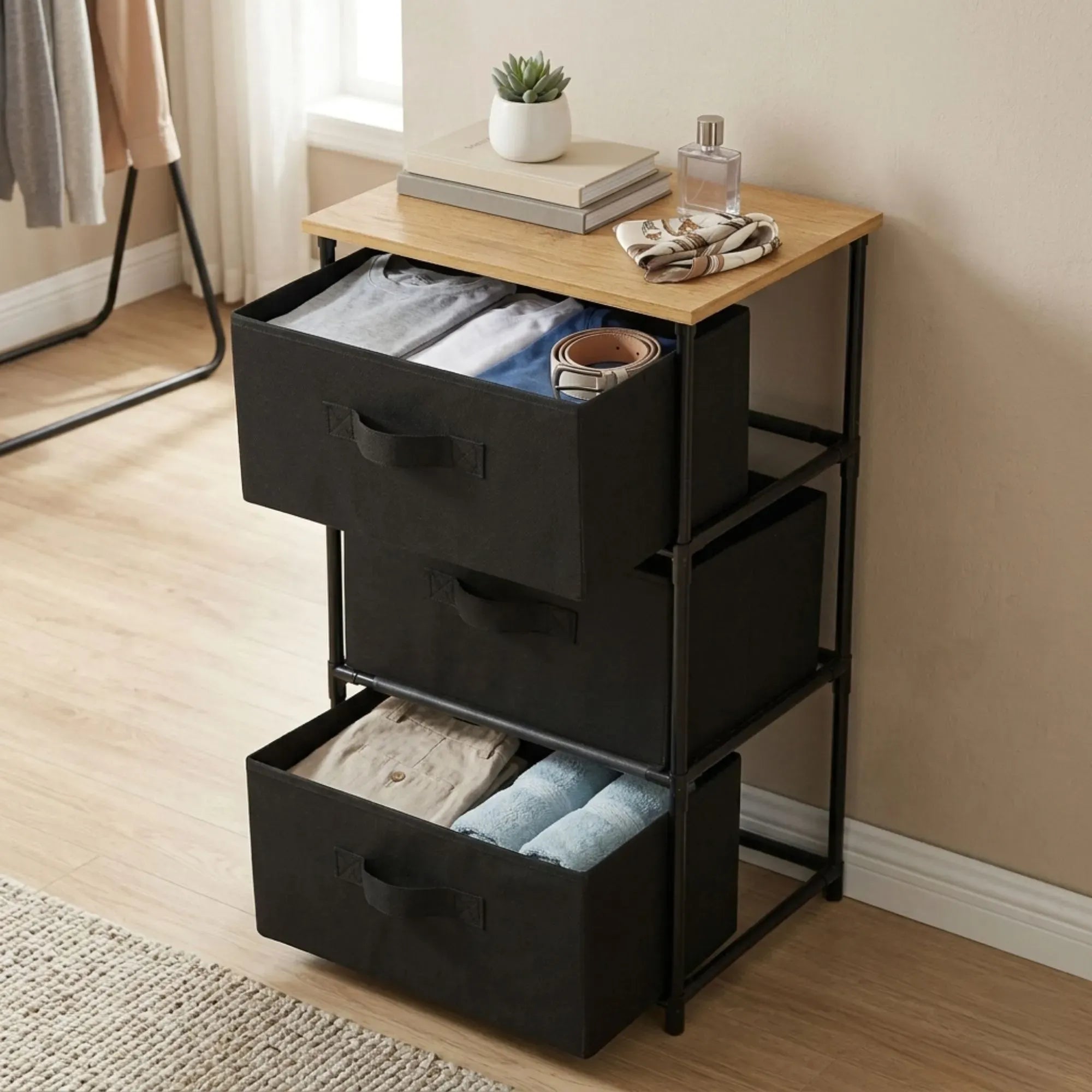 CARLA HOME 3 Drawer Fabric Storage Dresser - Steel Frame - Black - Storage Rack - Rustic