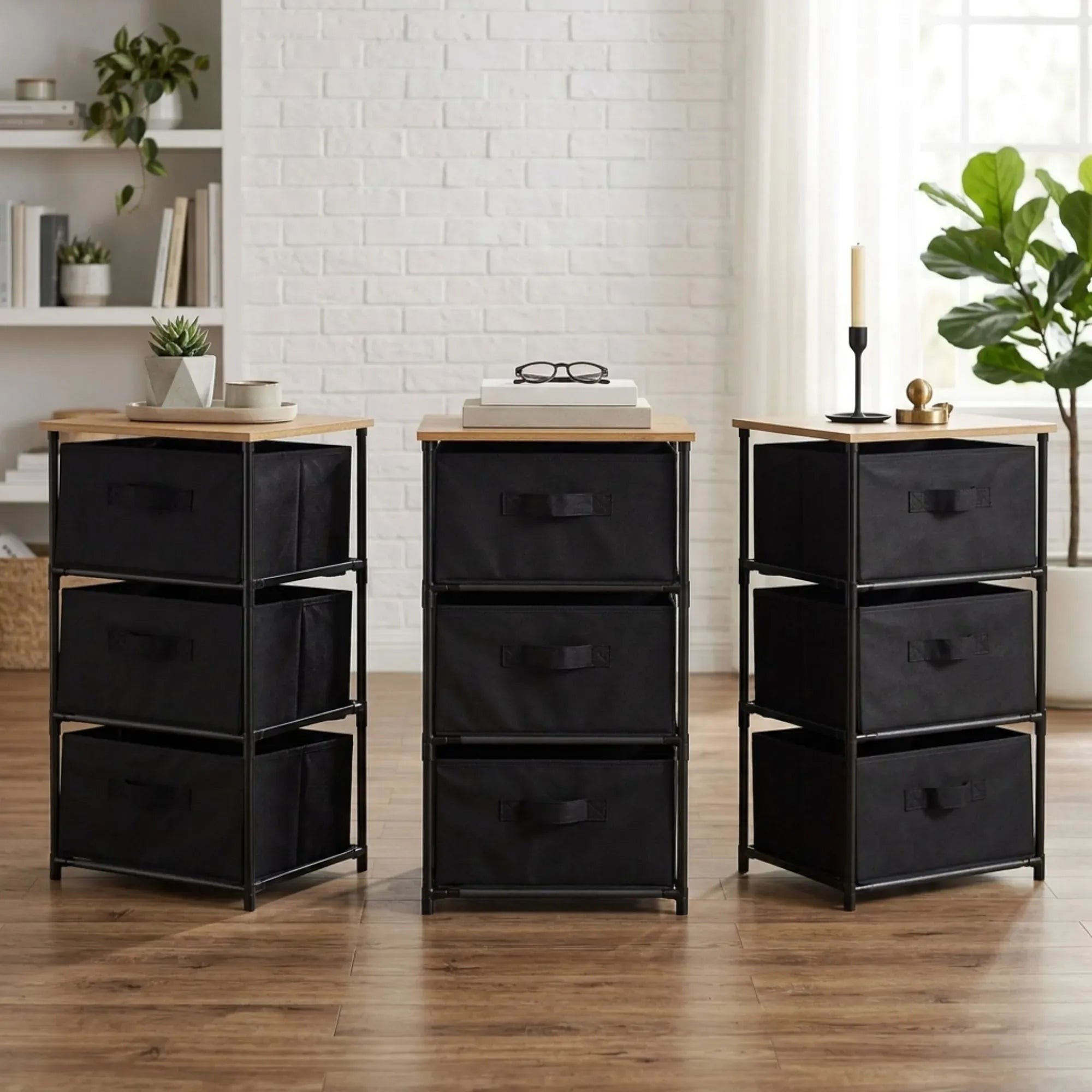 CARLA HOME 3 Drawer Fabric Storage Dresser - Steel Frame - Black - Storage Rack - Rustic
