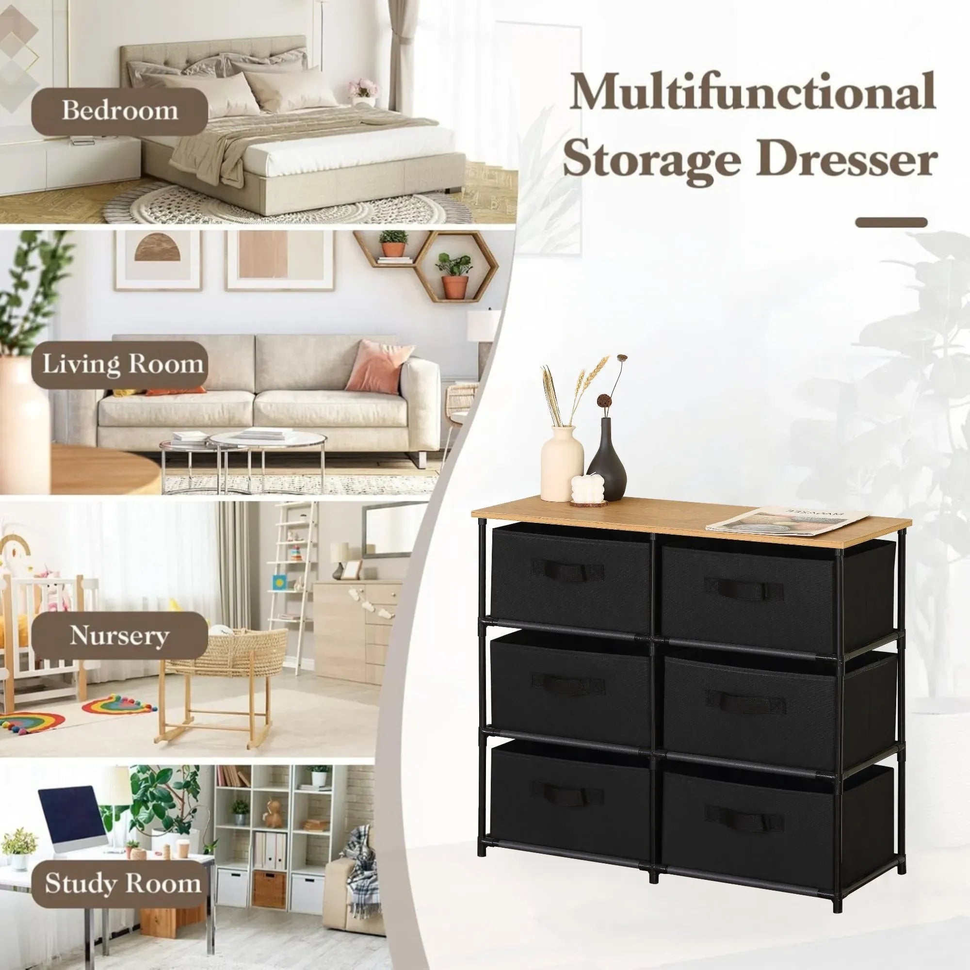 CARLA HOME 6 Drawer Fabric Storage Dresser - Steel Frame - Black - Storage Rack - Rustic