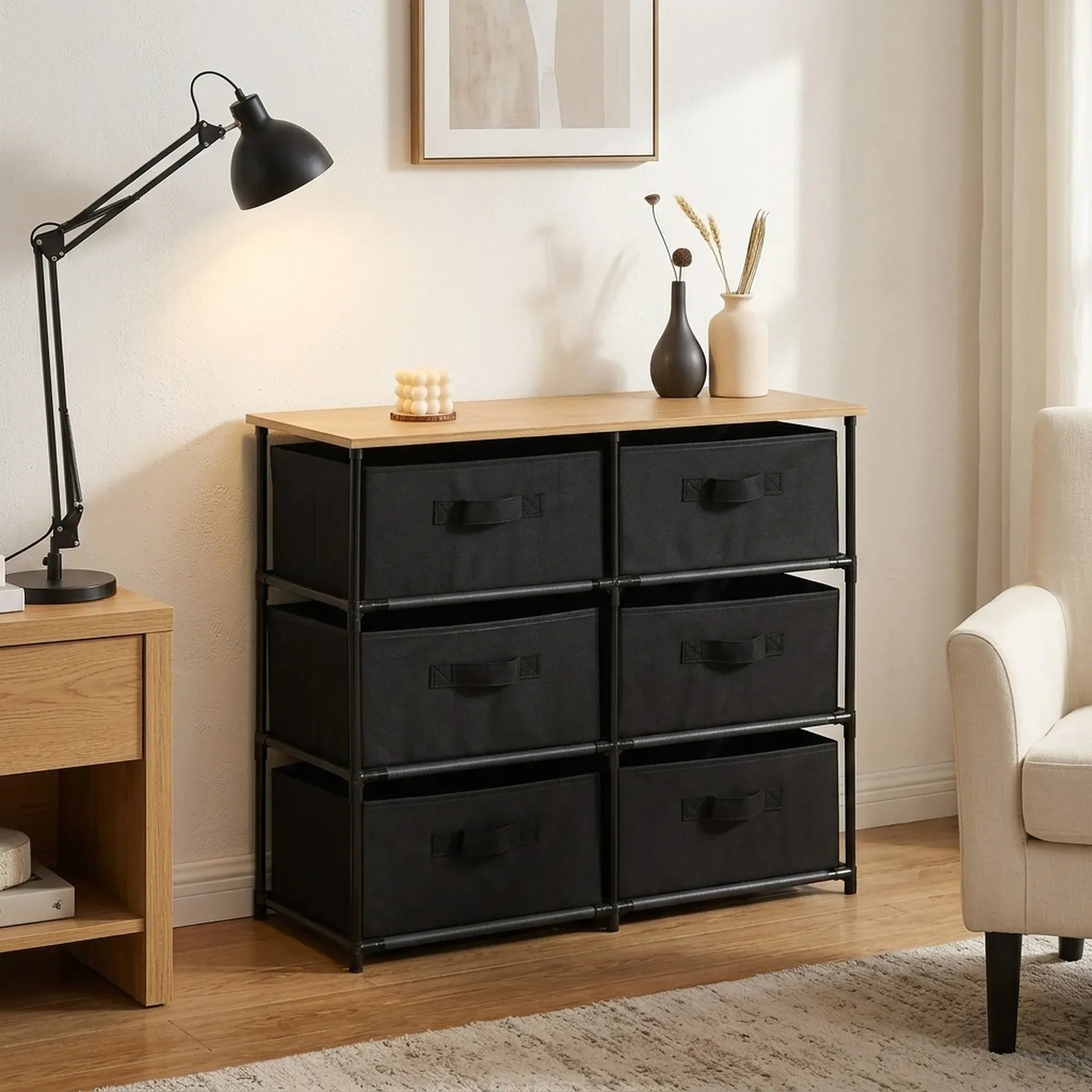 CARLA HOME 6 Drawer Fabric Storage Dresser - Steel Frame - Black - Storage Rack - Rustic