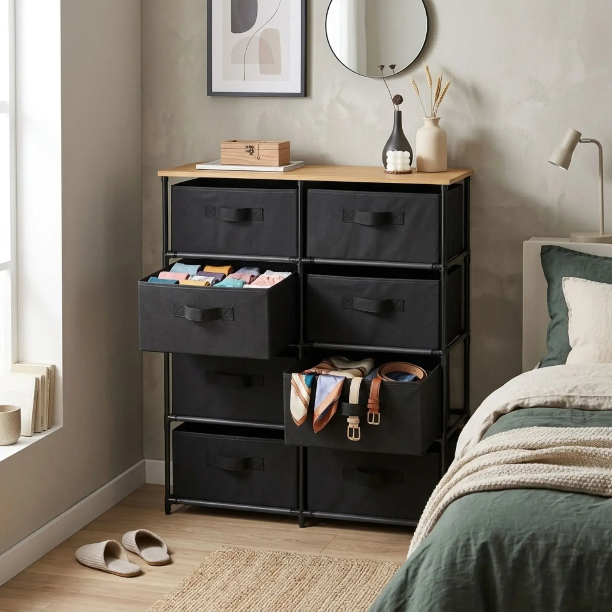 CARLA HOME 8 Drawer Fabric Storage Dresser - Steel Frame - Black - Storage Rack - Rustic