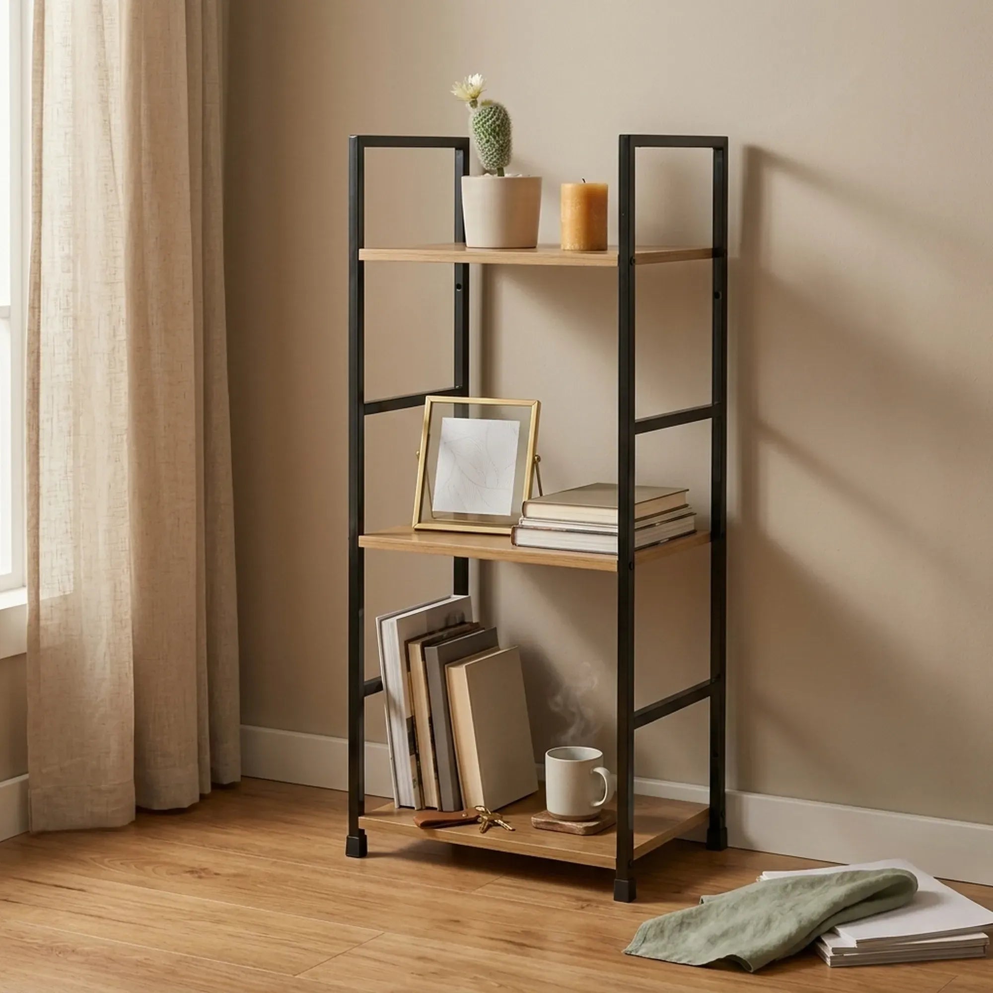 CARLA HOME 3 Tier Bookshelf - Wood Metal Display Shelf - Brown - Rustic - Steel - Living Room Office