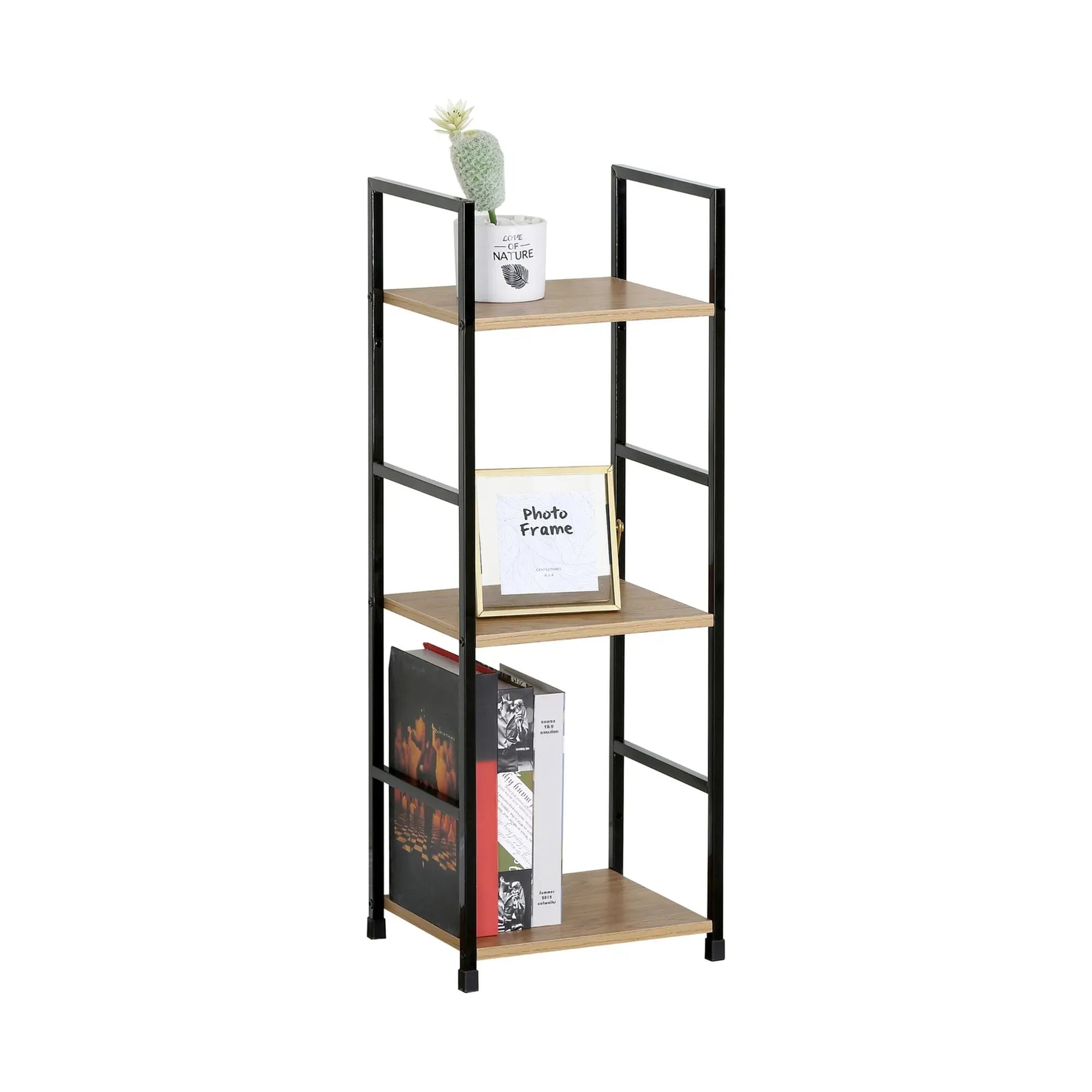 CARLA HOME 3 Tier Bookshelf - Wood Metal Display Shelf - Brown - Rustic - Steel - Living Room Office