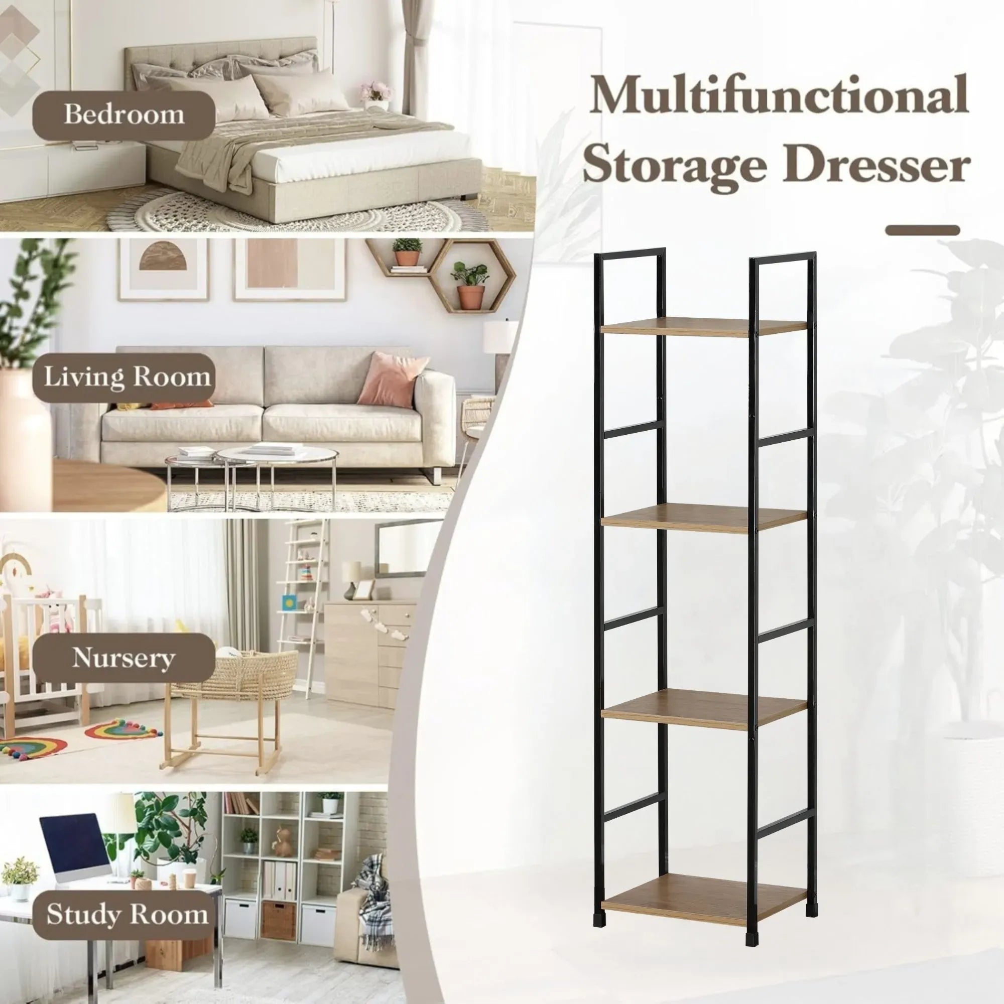 CARLA HOME 4 Tier Bookshelf - Wood Metal Display Shelf - Brown - Rustic - Steel - Living Room Office