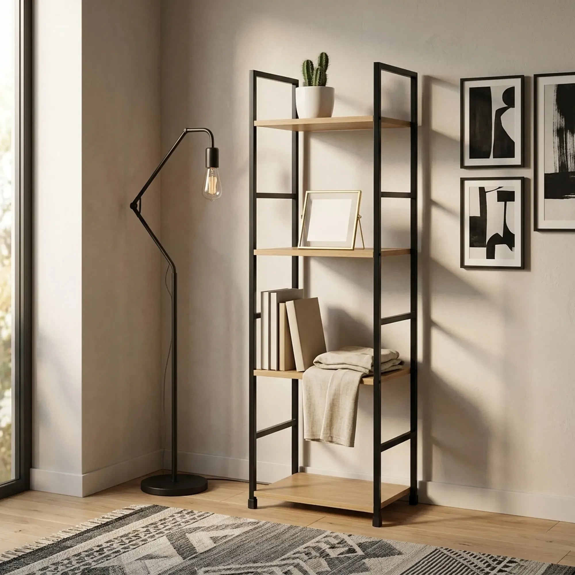 CARLA HOME 4 Tier Bookshelf - Wood Metal Display Shelf - Brown - Rustic - Steel - Living Room Office