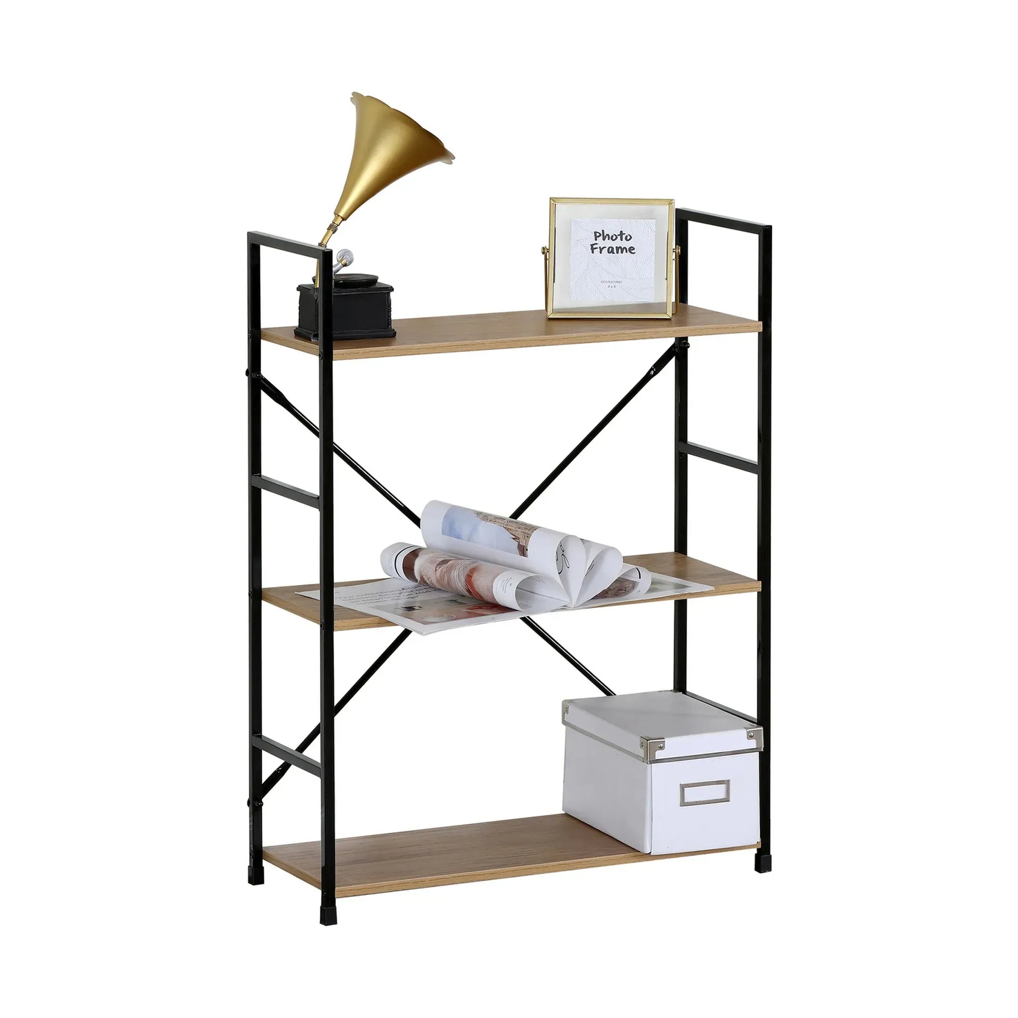 CARLA HOME 3 Tier Bookshelf - Industrial Display Shelf - Brown - Rustic - Steel - Living Room Office