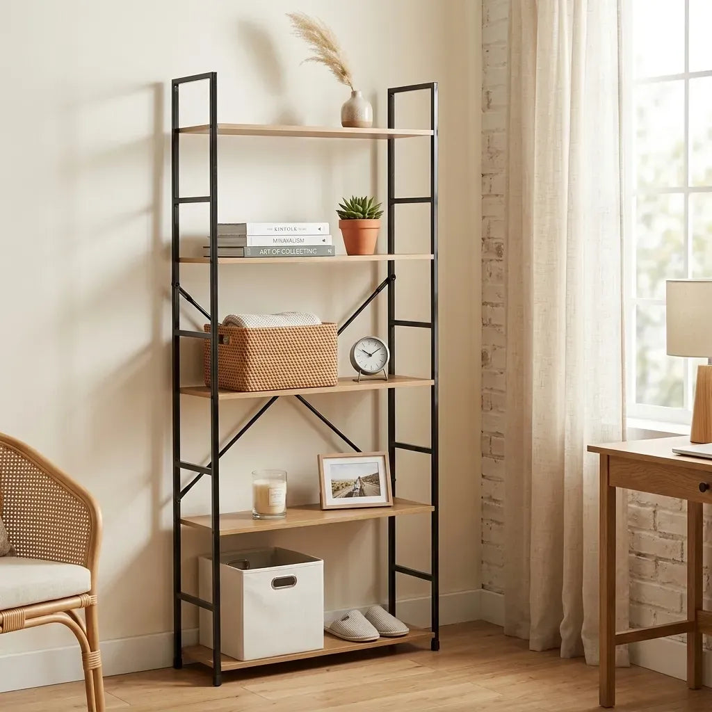CARLA HOME 5 Tier Bookshelf - Industrial Display Shelf - Brown - Rustic - Steel - Living Room Office