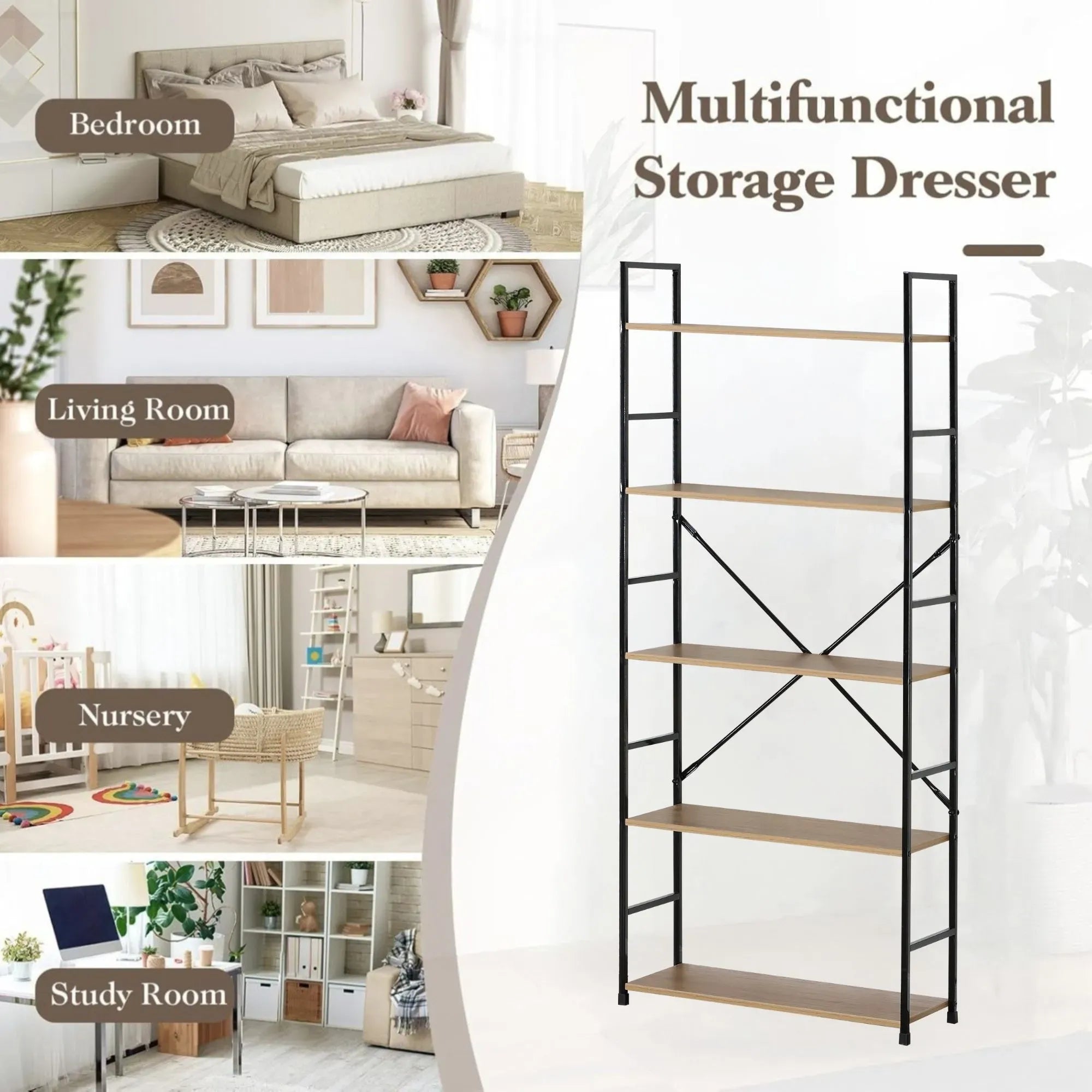 CARLA HOME 5 Tier Bookshelf - Industrial Display Shelf - Brown - Rustic - Steel - Living Room Office