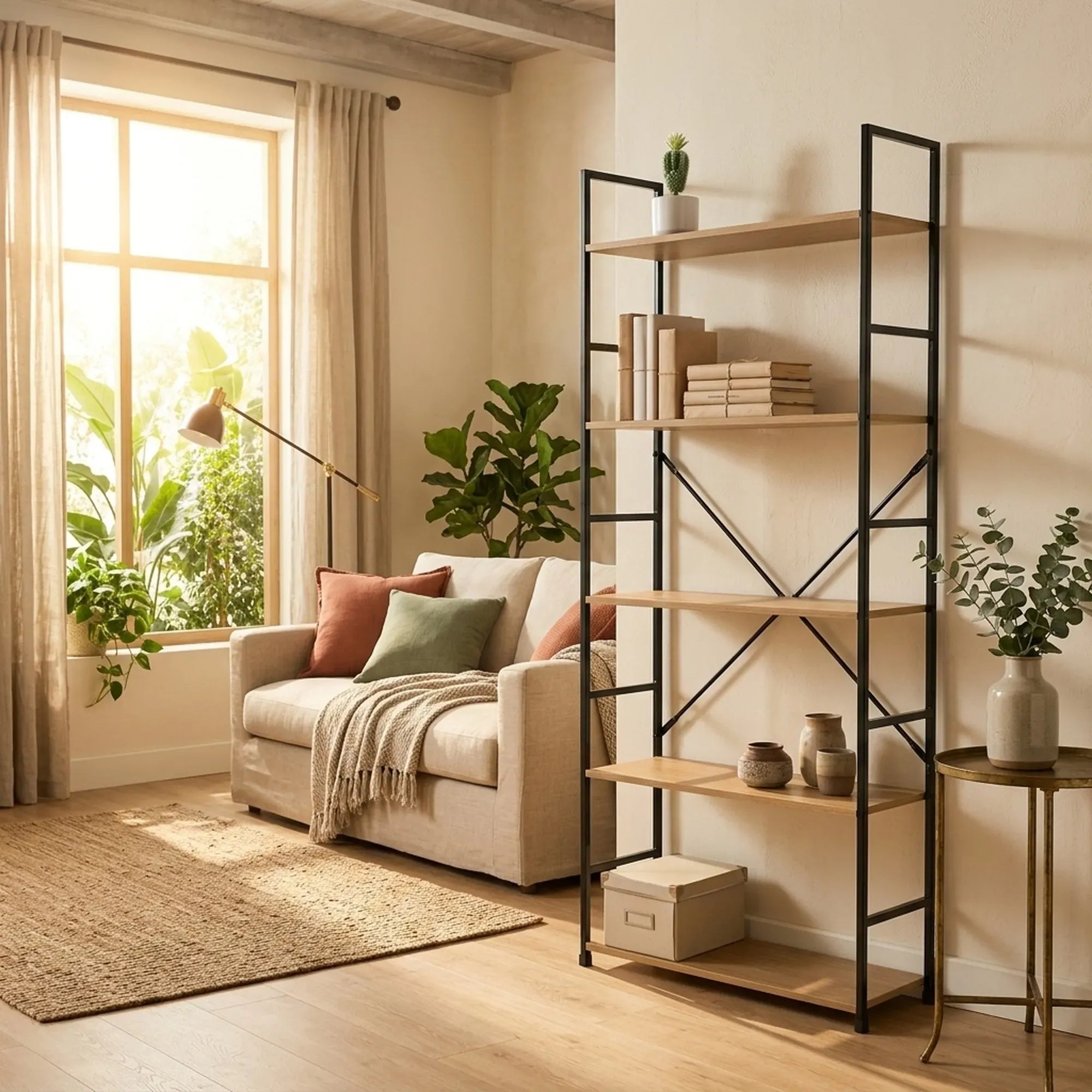 CARLA HOME 5 Tier Bookshelf - Industrial Display Shelf - Brown - Rustic - Steel - Living Room Office