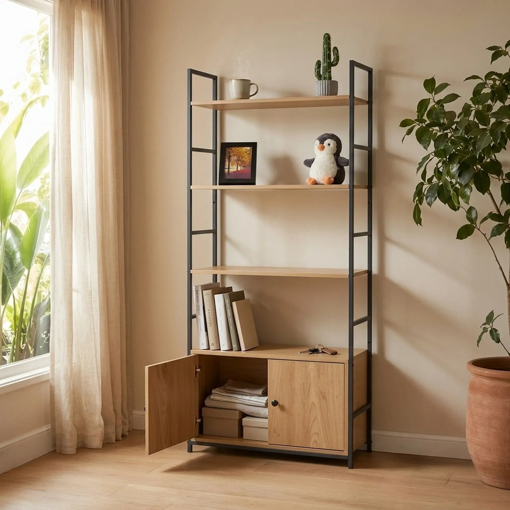 CARLA HOME Bookcase with Cabinet - 4 - Shelf Storage - Oak - Brown - Storage Cabinet