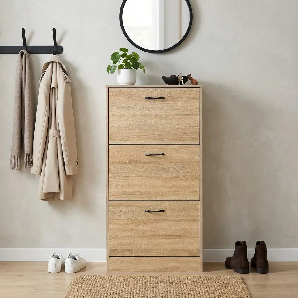 CARLA HOME 3 Flip Drawer Shoe Cabinet - Hidden Storage - Modern - Shoe Storage Cabinet - Oak