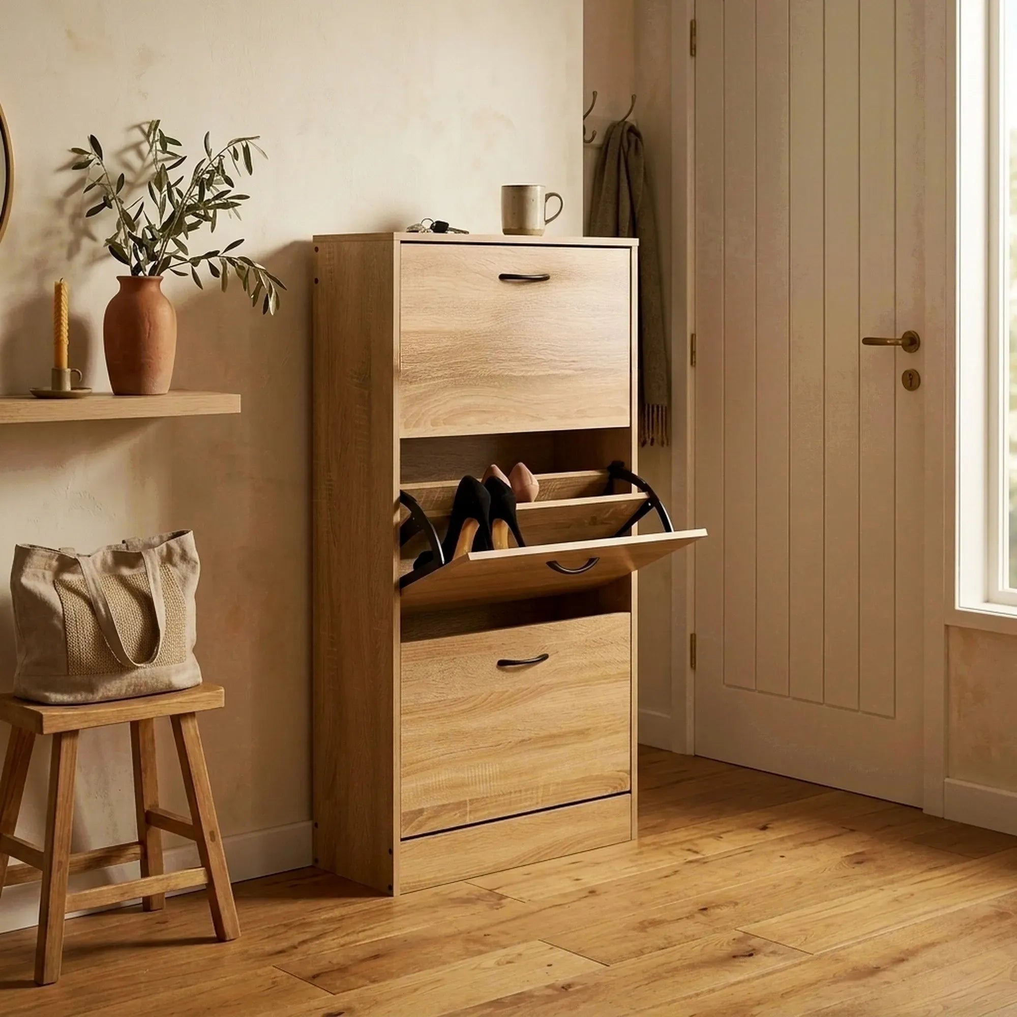 CARLA HOME 3 Flip Drawer Shoe Cabinet - Hidden Storage - Modern - Shoe Storage Cabinet - Oak