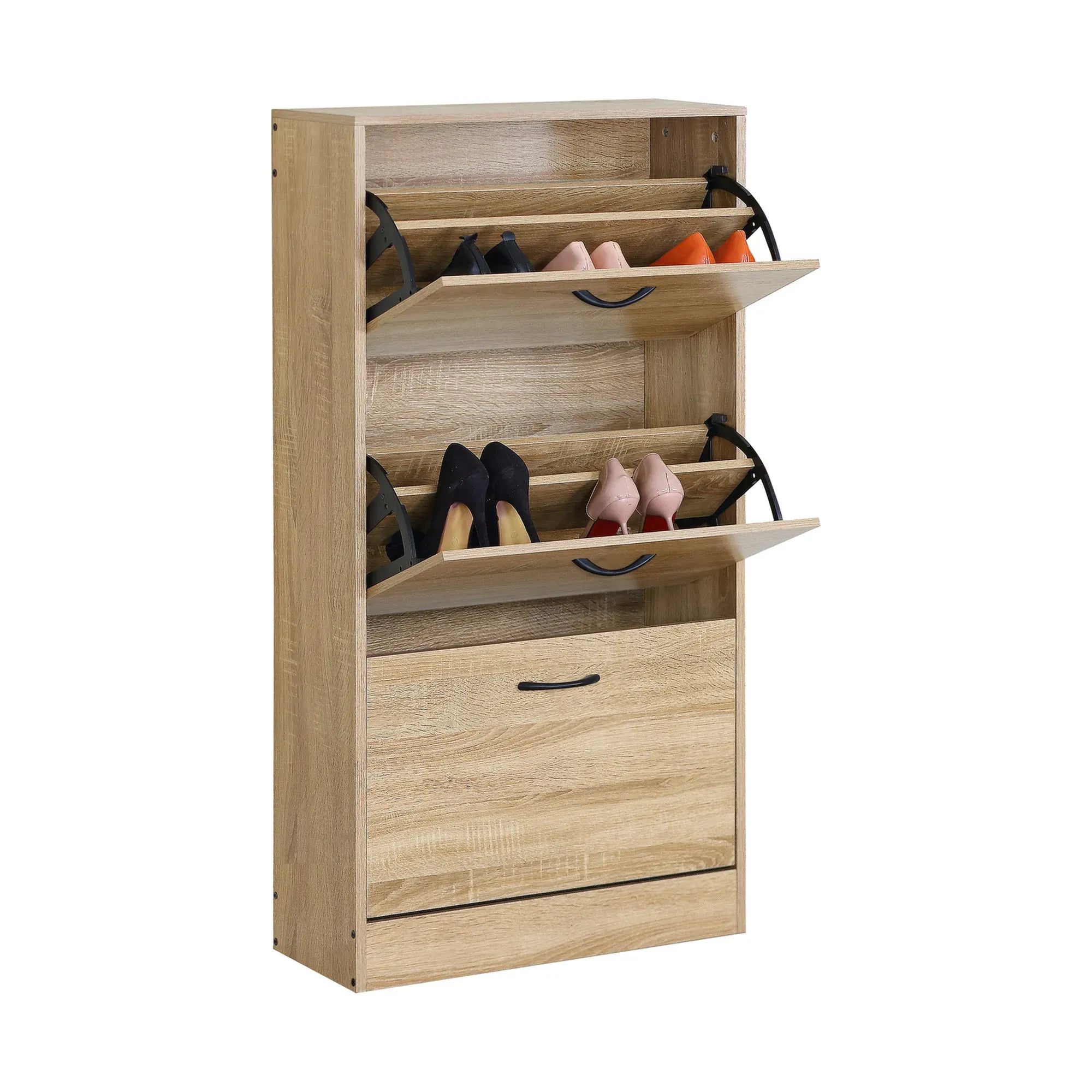 CARLA HOME 3 Flip Drawer Shoe Cabinet - Hidden Storage - Modern - Shoe Storage Cabinet - Oak