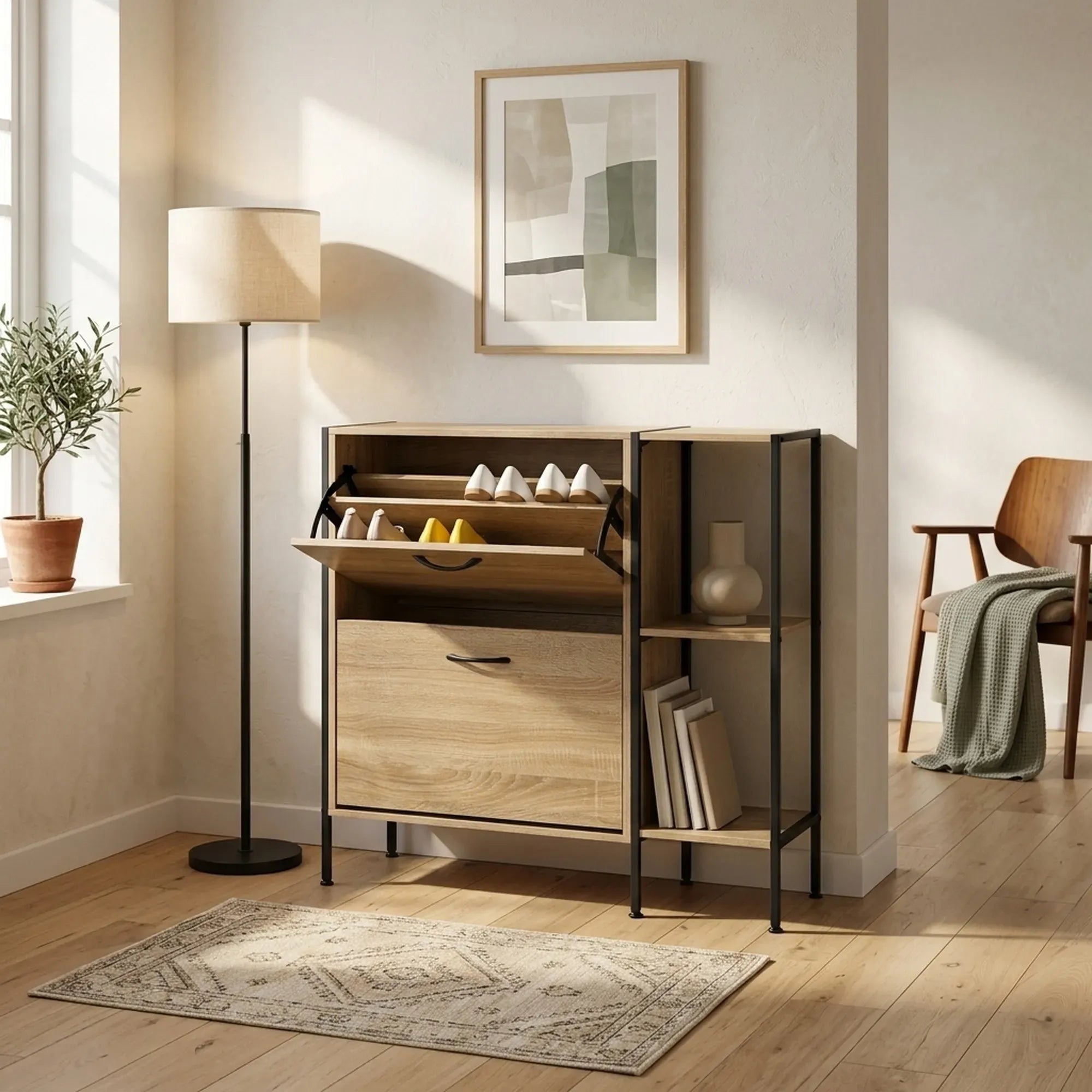 CARLA HOME 2 Flip Shoe Cabinet with Side Shelf - 88 cm Oak - Brown - Shoe Cabinet With Shelf