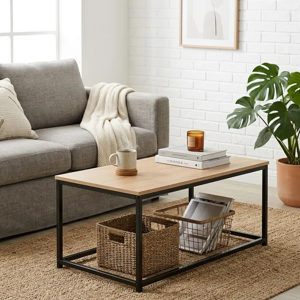 CARLA HOME Modern Rustic Coffee Table - Wood Top Metal Frame - Brown - Steel - Modern Coffee Table