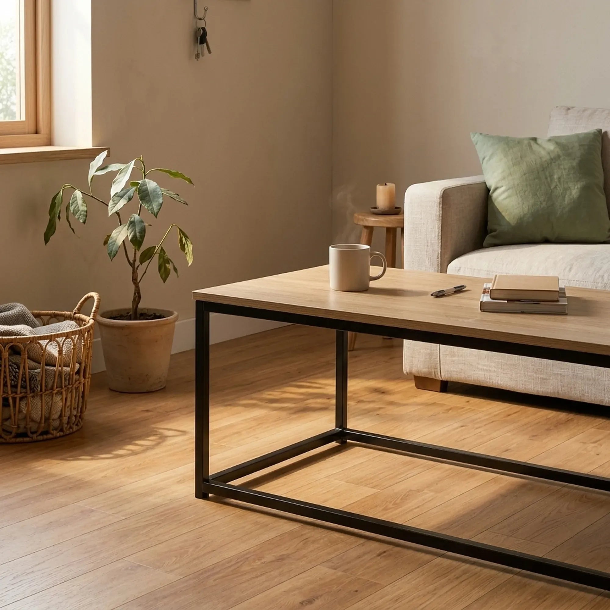 CARLA HOME Modern Rustic Coffee Table - Wood Top Metal Frame - Brown - Steel - Modern Coffee Table