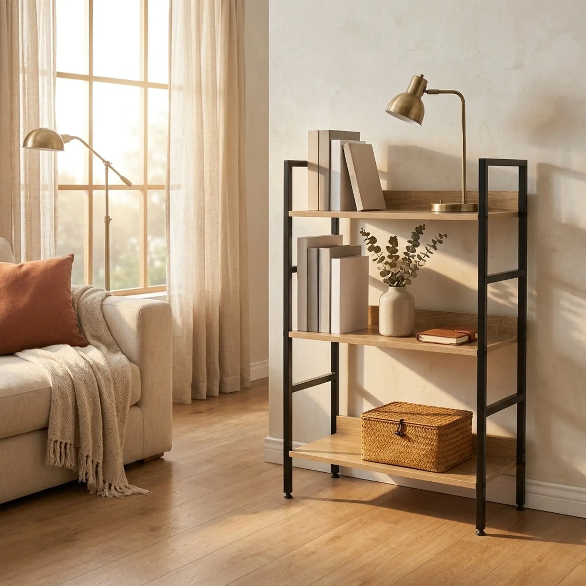 CARLA HOME 3 Tier Bookshelf - Wood Metal Display Shelf - Brown - Rustic - Steel - Living Room Office