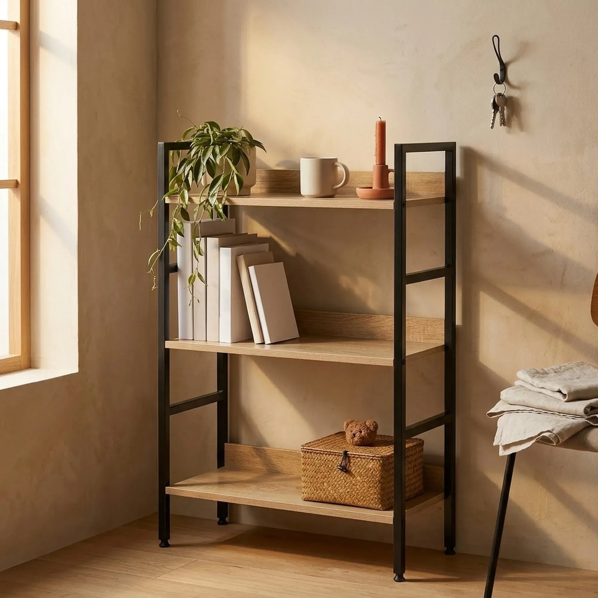 CARLA HOME 3 Tier Bookshelf - Wood Metal Display Shelf - Brown - Rustic - Steel - Living Room Office
