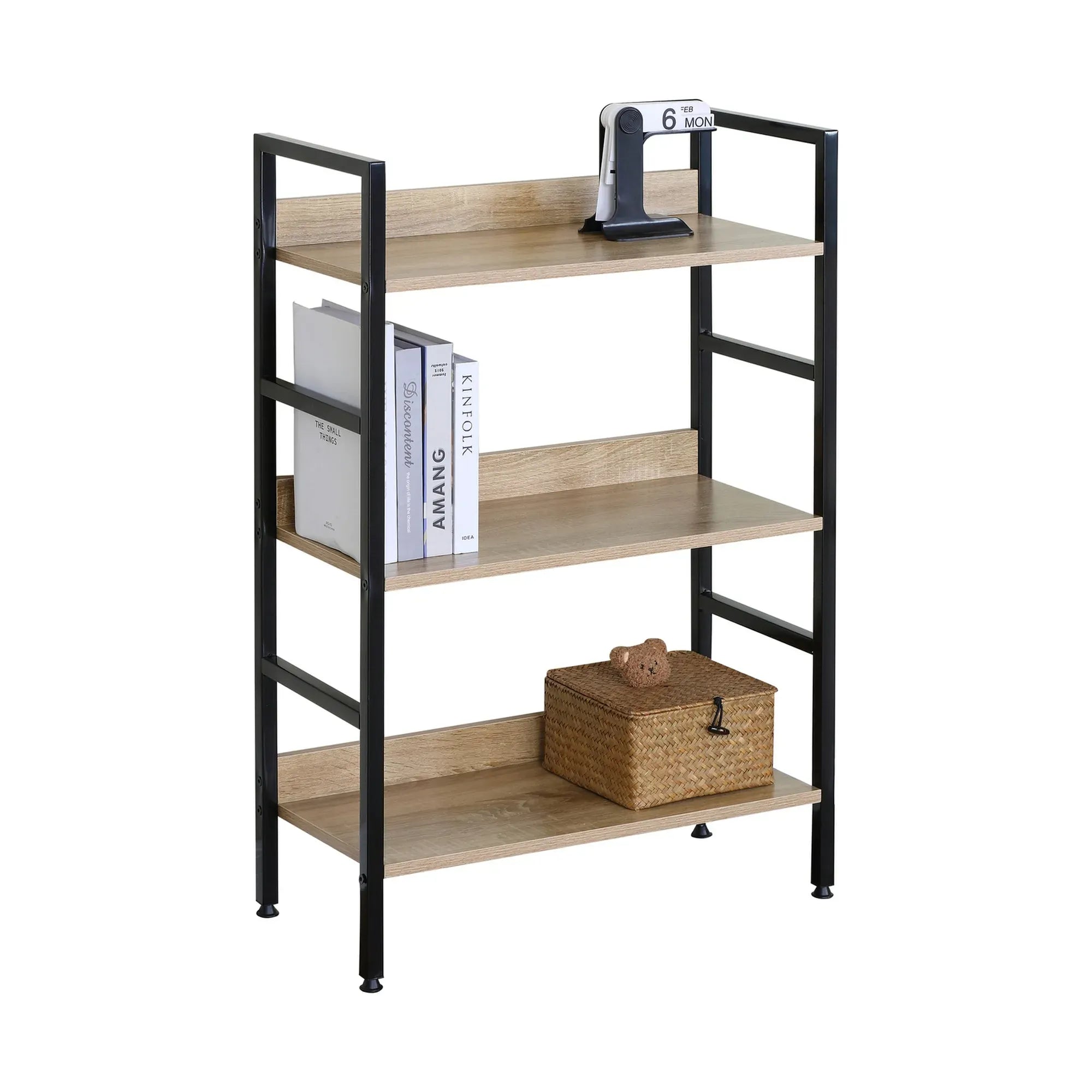 CARLA HOME 3 Tier Bookshelf - Wood Metal Display Shelf - Brown - Rustic - Steel - Living Room Office