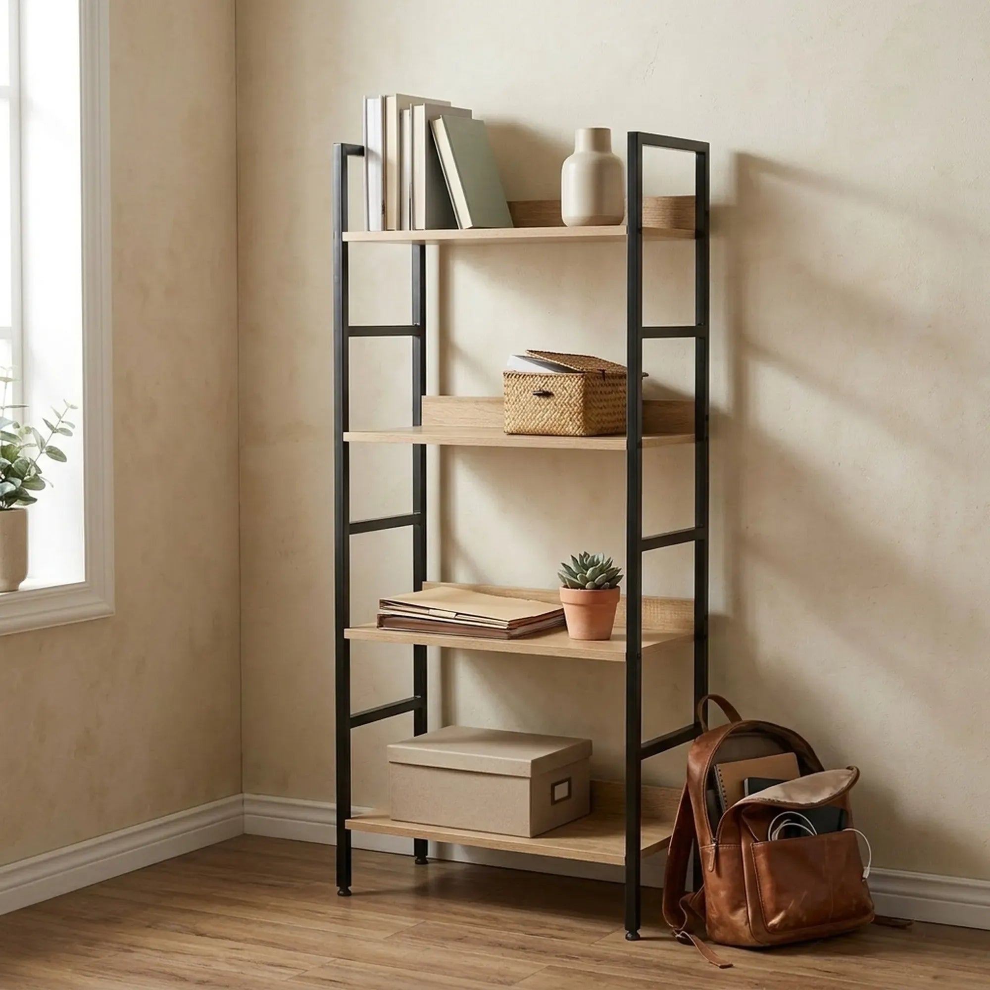 CARLA HOME 4 Tier Bookshelf - Wood Metal Display Shelf - Brown - Rustic - Steel - Living Room Office