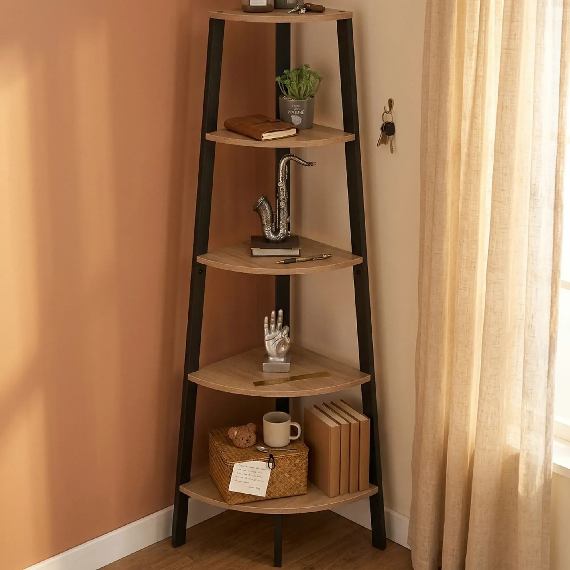 CARLA HOME 5 Tier Corner Shelf - Ladder Bookshelf - Metal Frame - Brown - Rustic