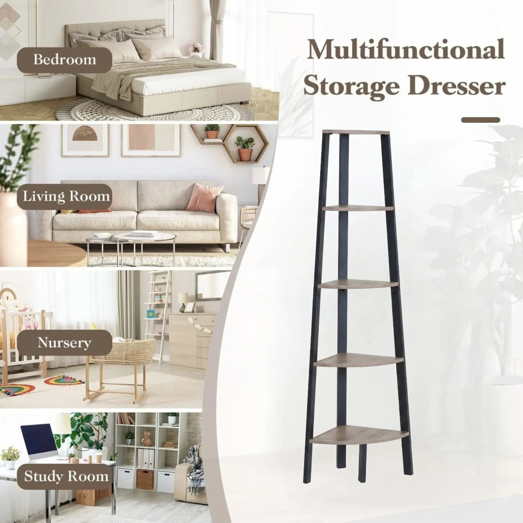 CARLA HOME 5 Tier Corner Shelf - Ladder Bookshelf - Metal Frame - Brown - Rustic