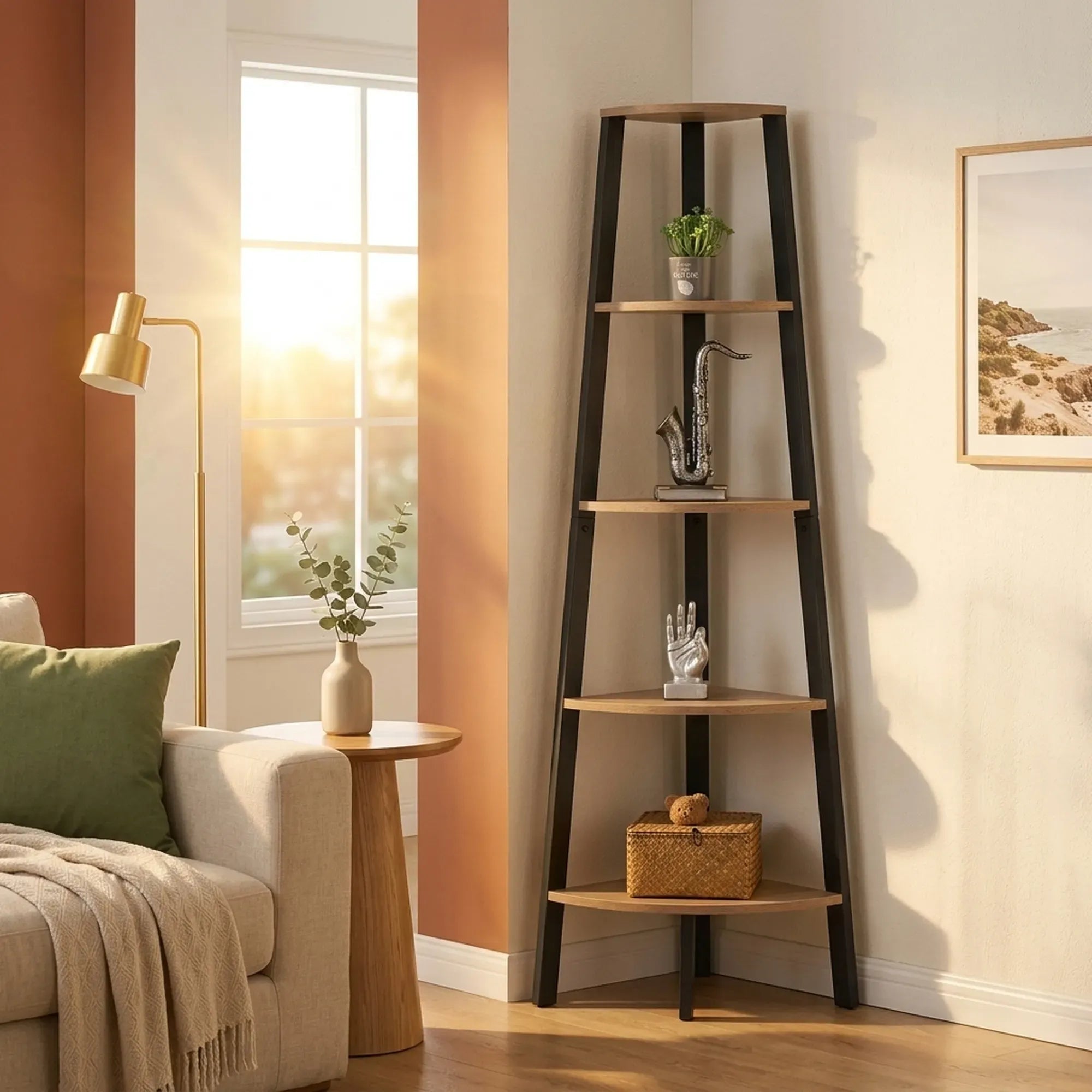 CARLA HOME 5 Tier Corner Shelf - Ladder Bookshelf - Metal Frame - Brown - Rustic