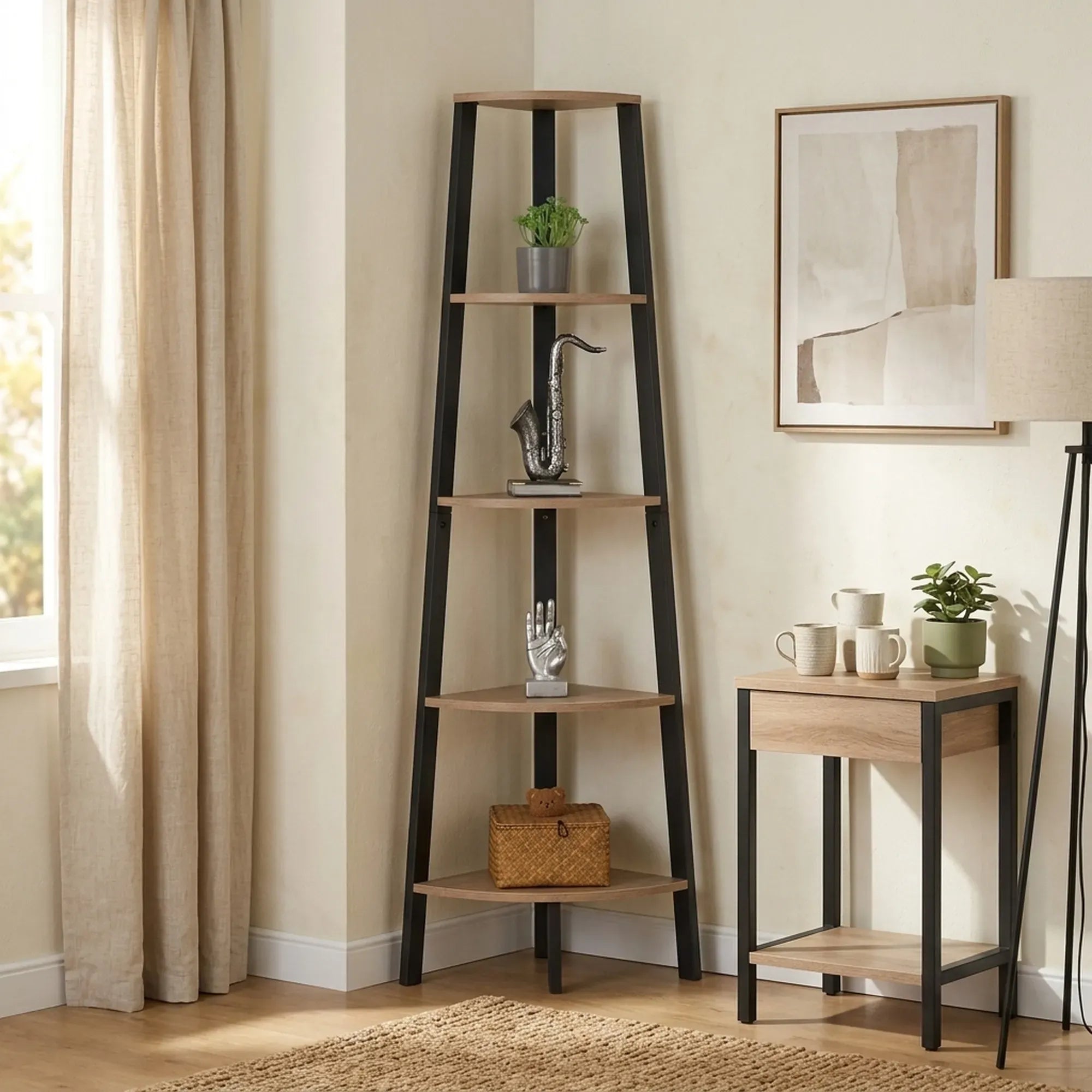CARLA HOME 5 Tier Corner Shelf - Ladder Bookshelf - Metal Frame - Brown - Rustic