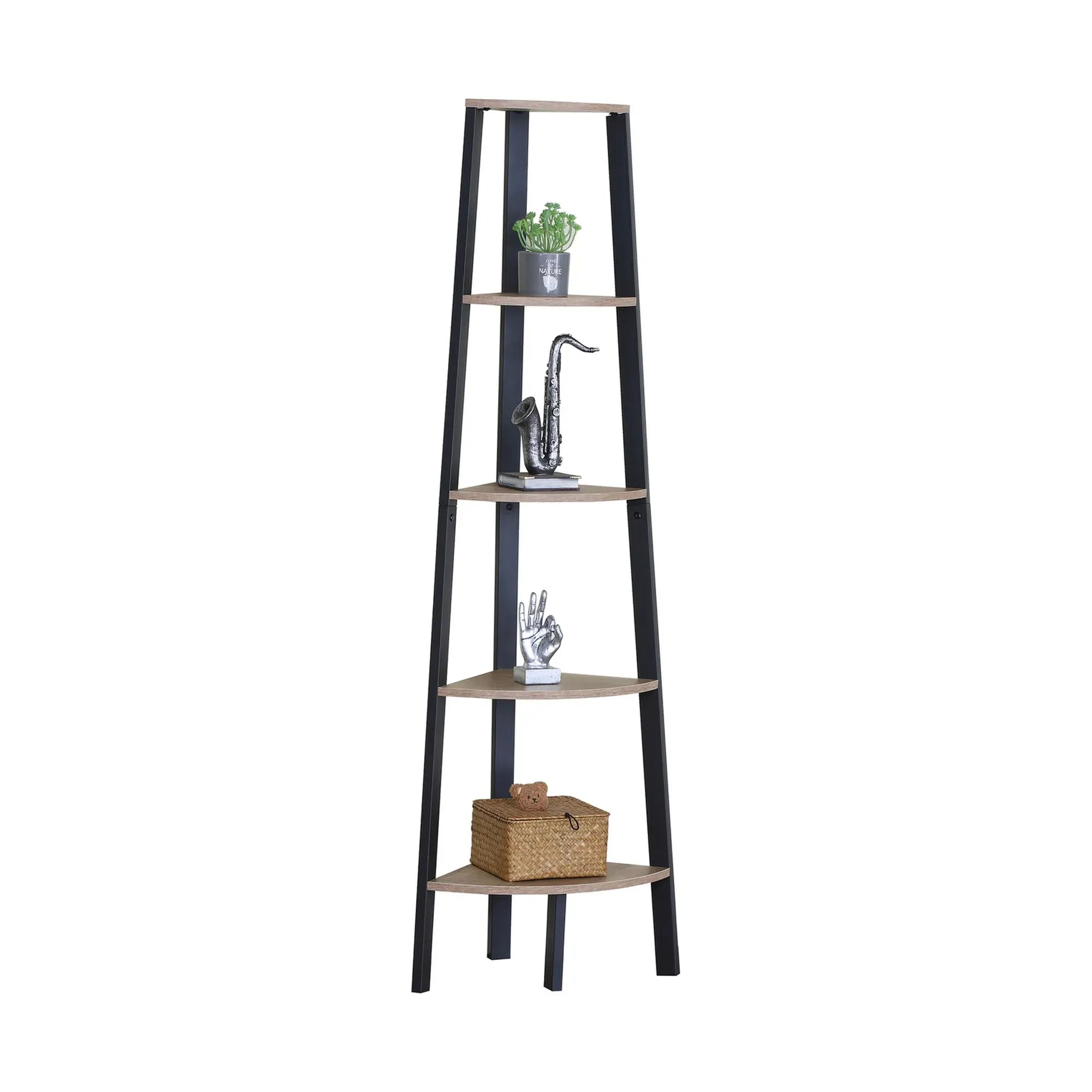 CARLA HOME 5 Tier Corner Shelf - Ladder Bookshelf - Metal Frame - Brown - Rustic