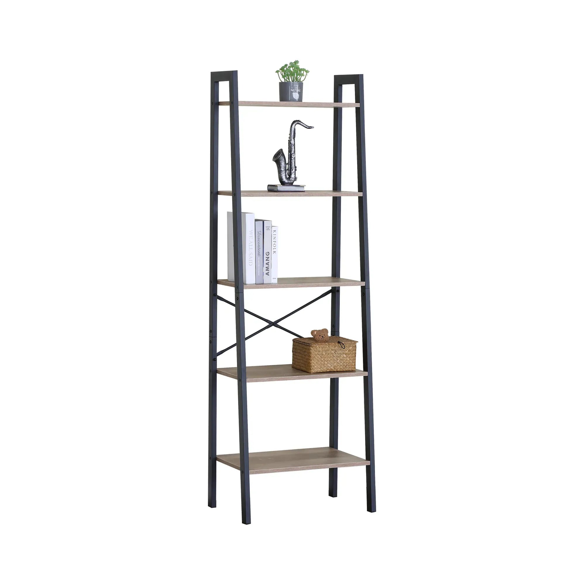 CARLA HOME 5 Tier Ladder Shelf - Wood Metal Display Bookcase - Brown - Rustic - Steel