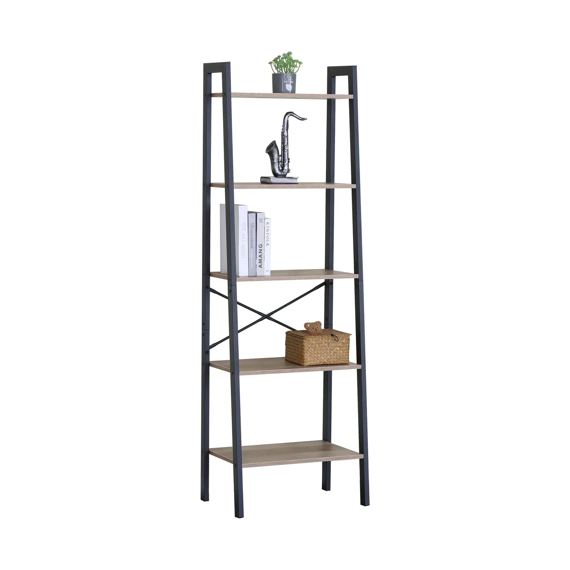 CARLA HOME 5 Tier Ladder Shelf - Wood Metal Display Bookcase - Brown - Rustic - Steel
