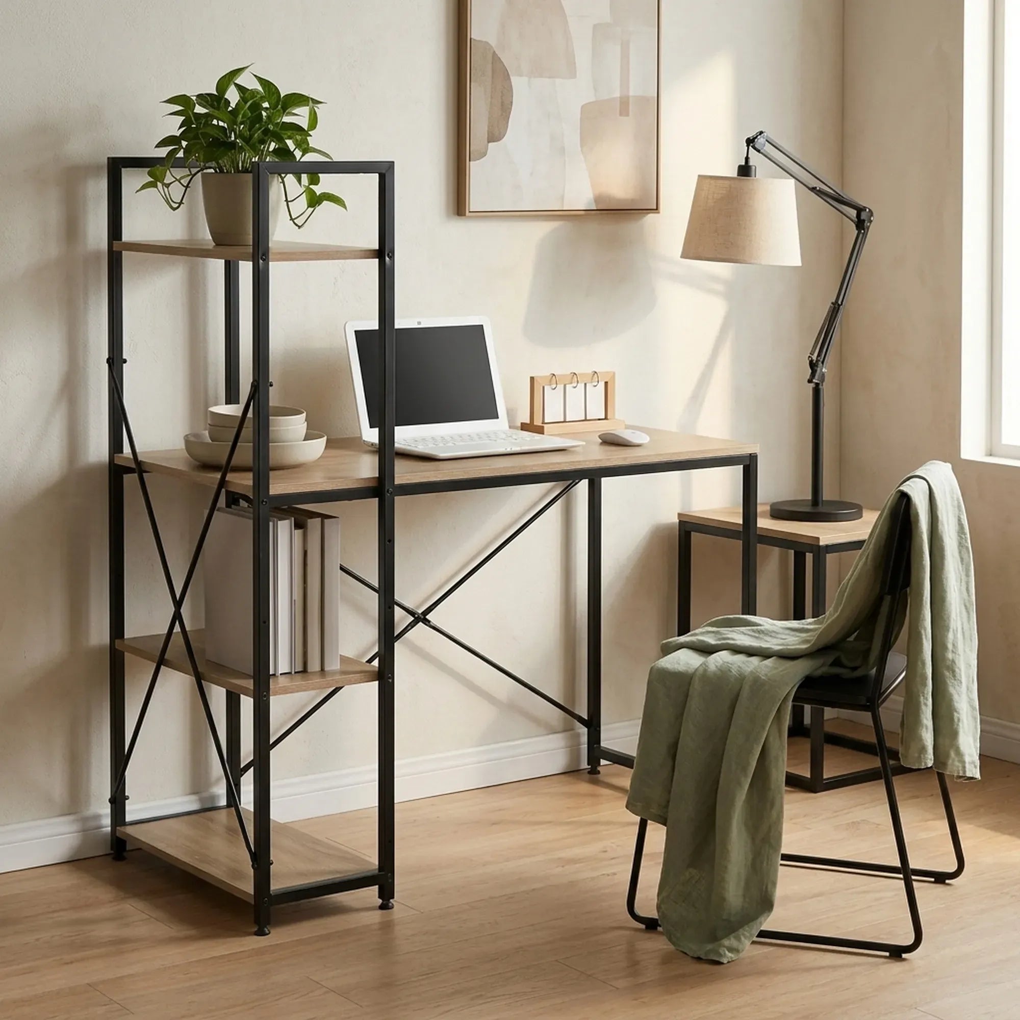 CARLA HOME Computer Desk with 4 Shelf Bookcase - Steel - Brown - Rustic - Office Desk Computer